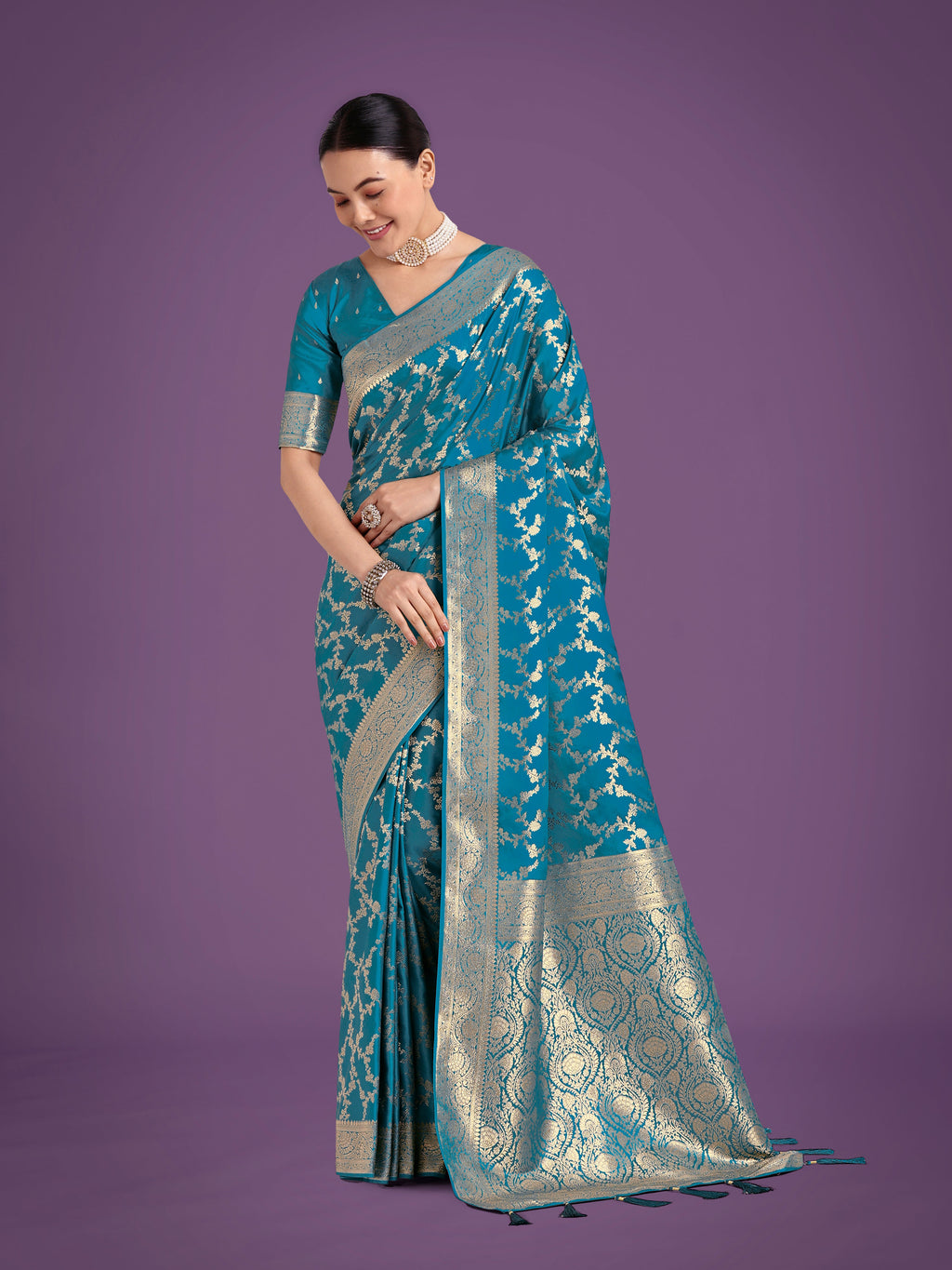 Cyan Blue Banarasi Satin Silk Saree with golden meenakari detailing