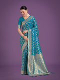 Cyan Blue Banarasi Satin Silk Saree with golden meenakari detailing