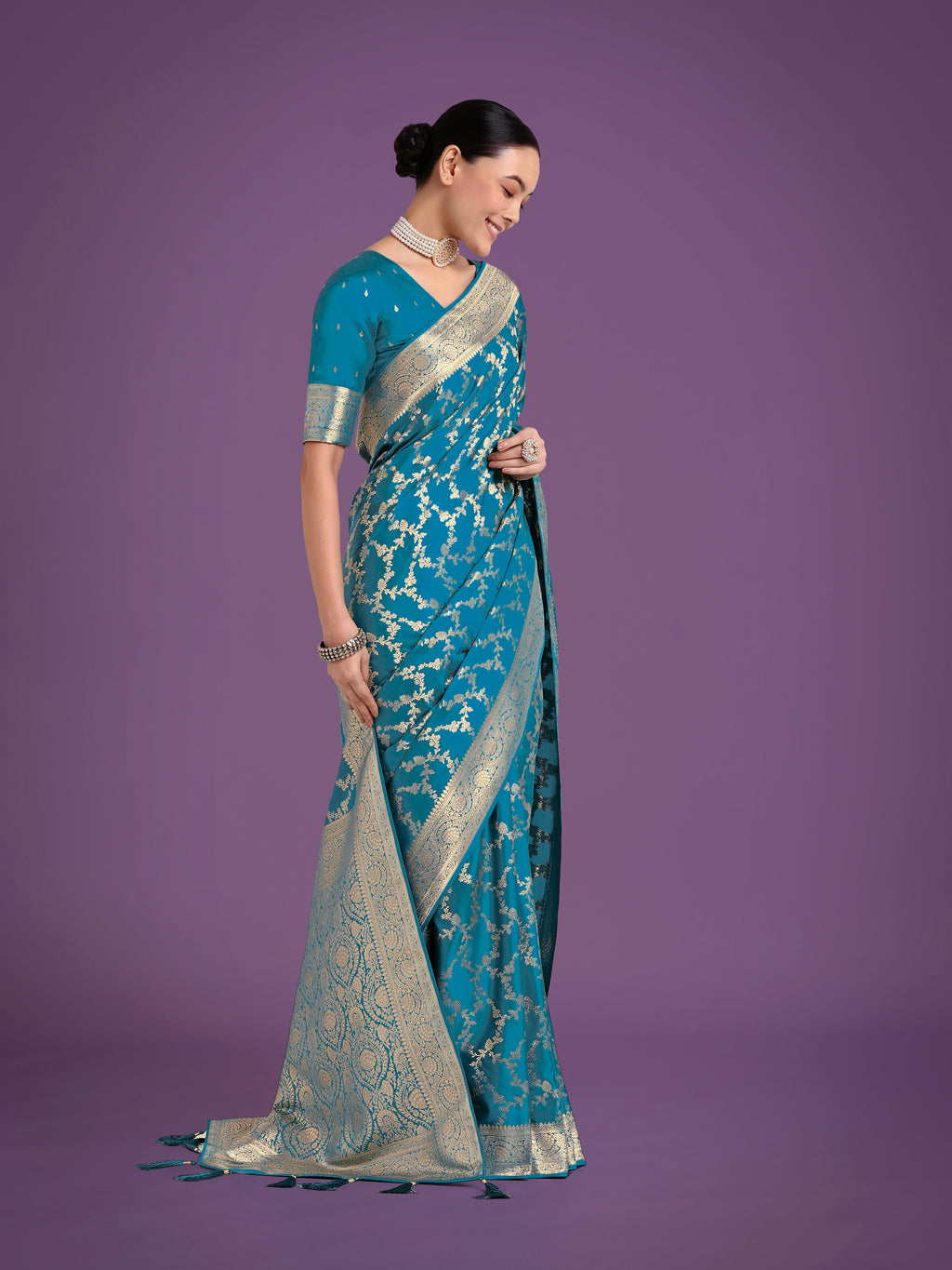 Cyan Blue Banarasi Satin Silk Saree with Golden Meenakari Work