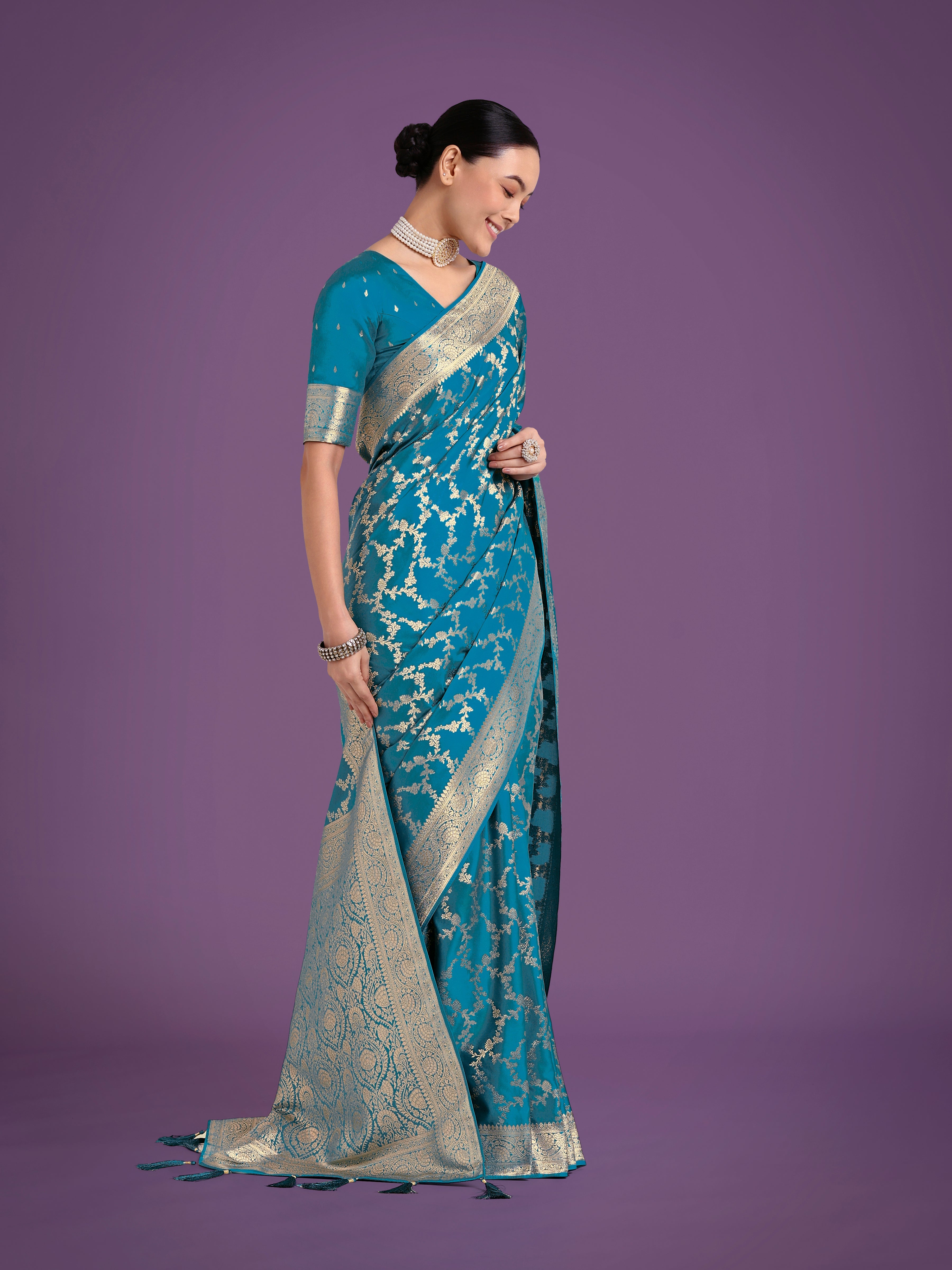 Cyan Blue Banarasi Satin Silk Saree with Golden Meenakari Work