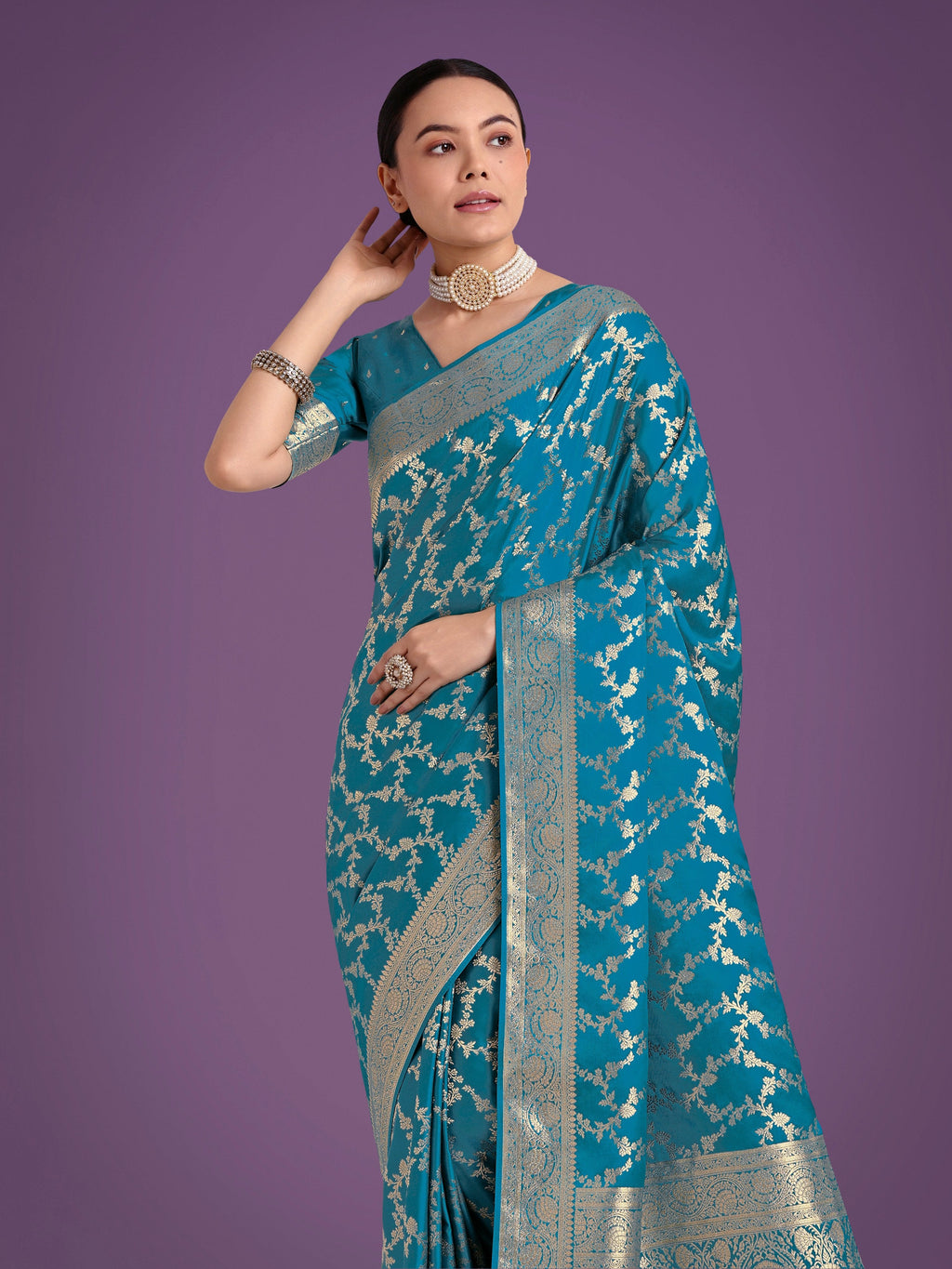 Cyan Blue Banarasi Satin Silk Saree with Golden Meenakari Work