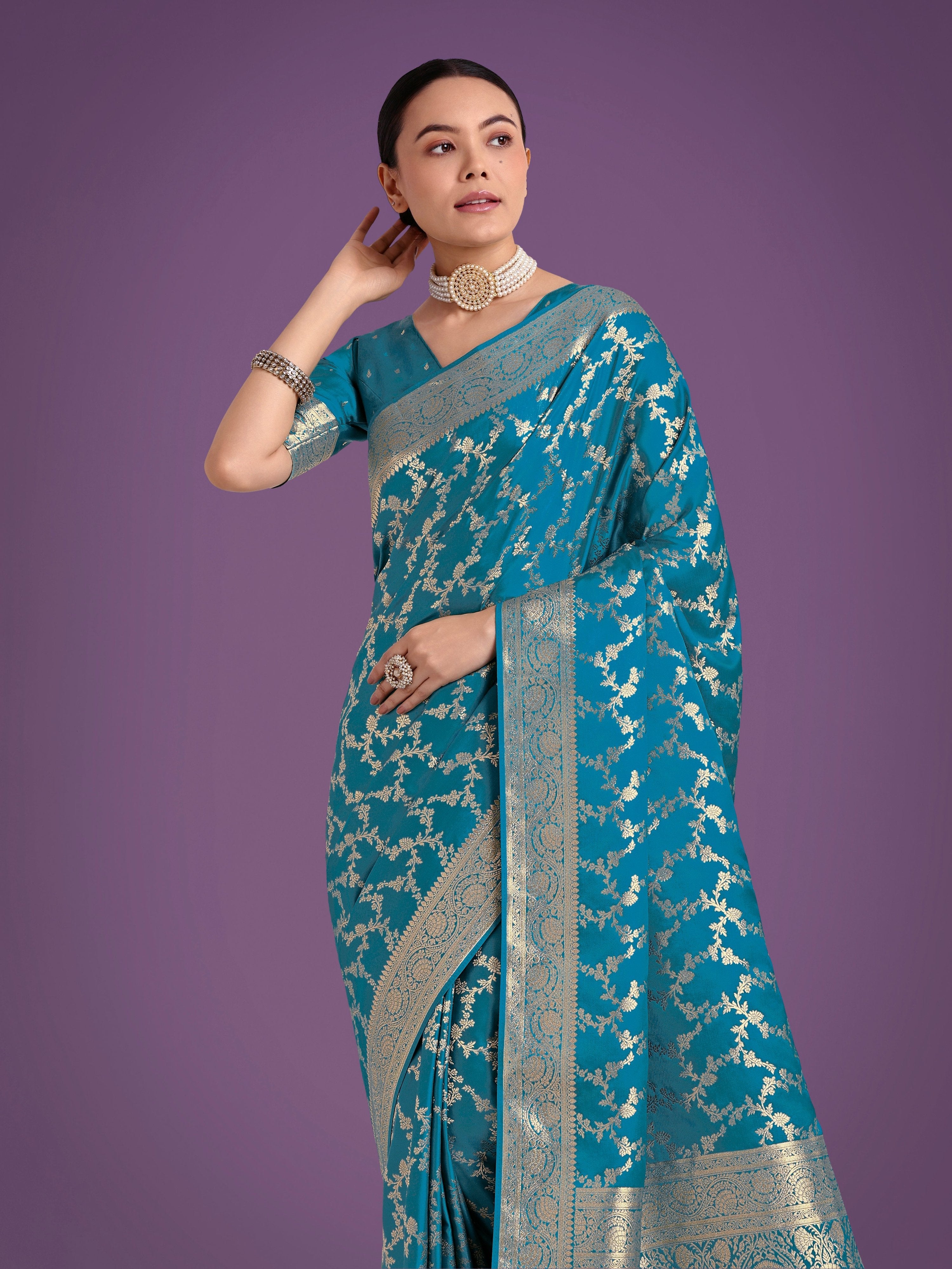 Cyan Blue Banarasi Satin Silk Saree with Golden Meenakari Work