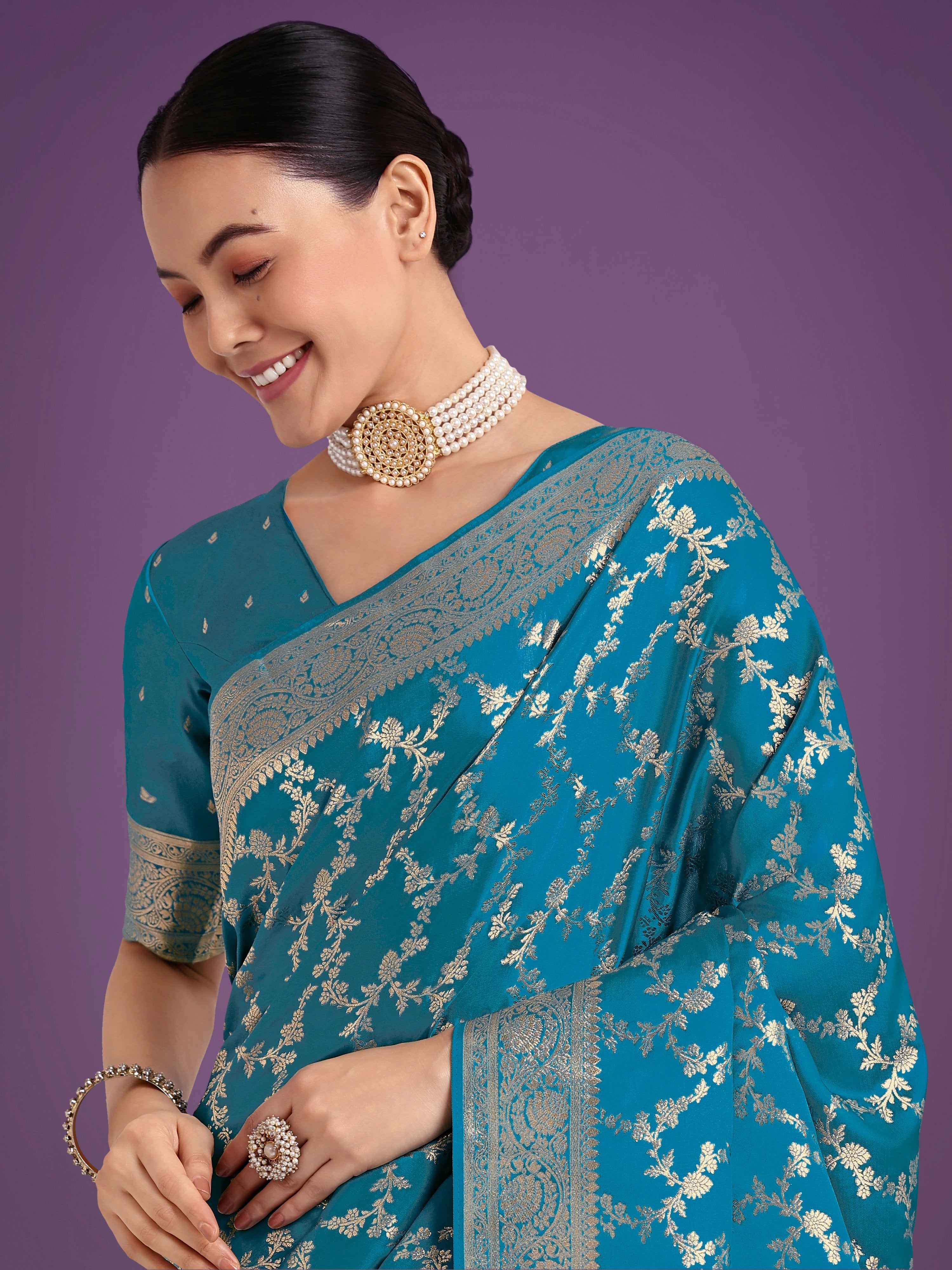 Cyan Blue Banarasi Satin Silk Saree with Golden Meenakari Work