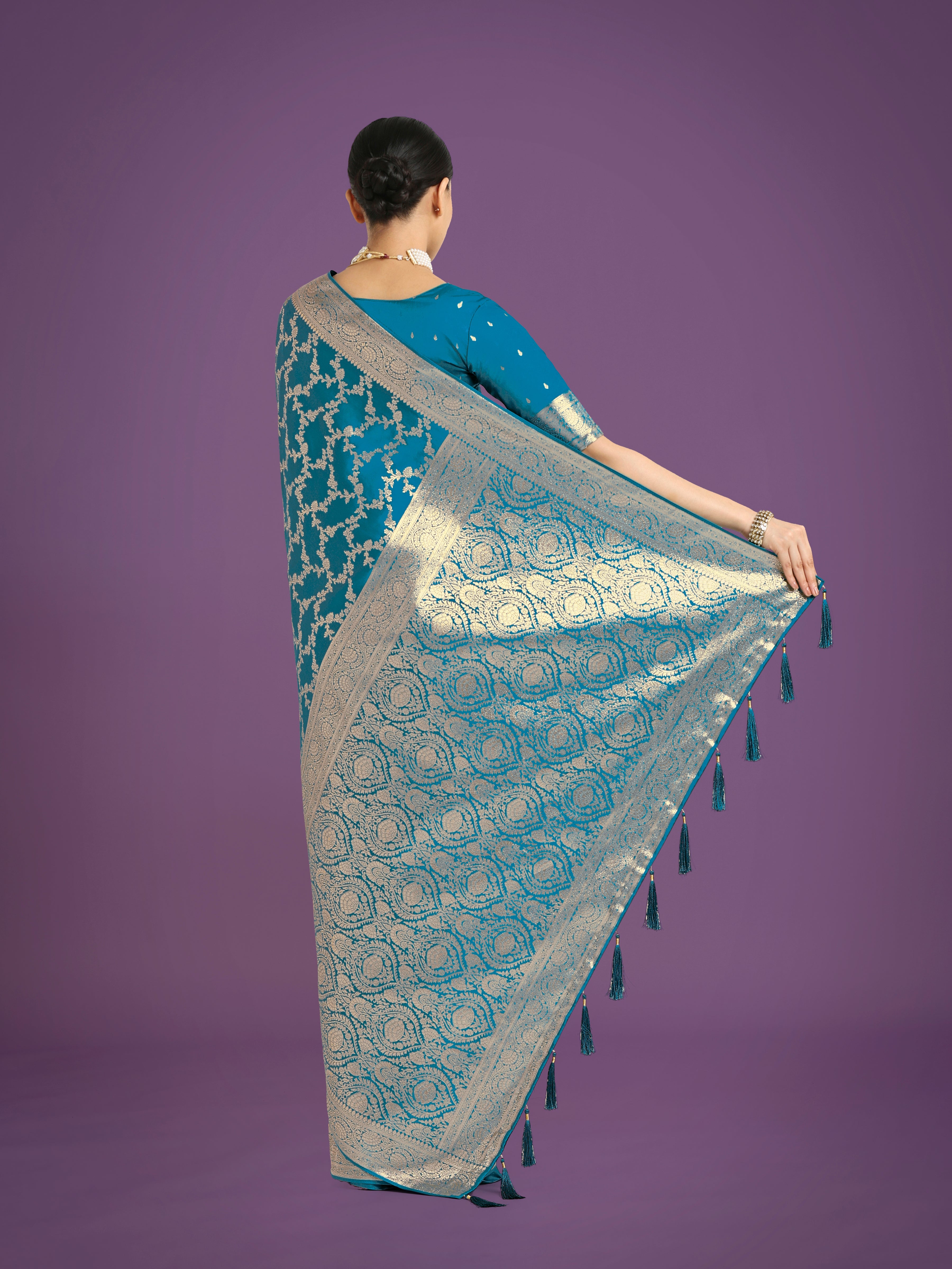 Cyan Blue Banarasi Satin Silk Saree with Golden Meenakari Work