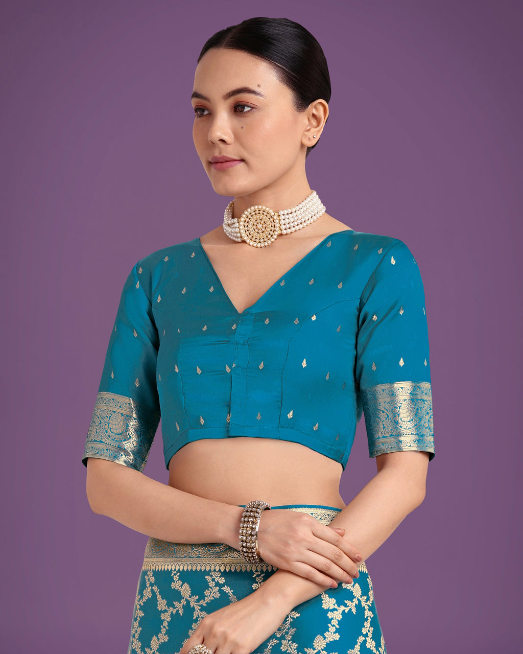 Cyan Blue Banarasi Satin Silk Saree with Golden Meenakari Work