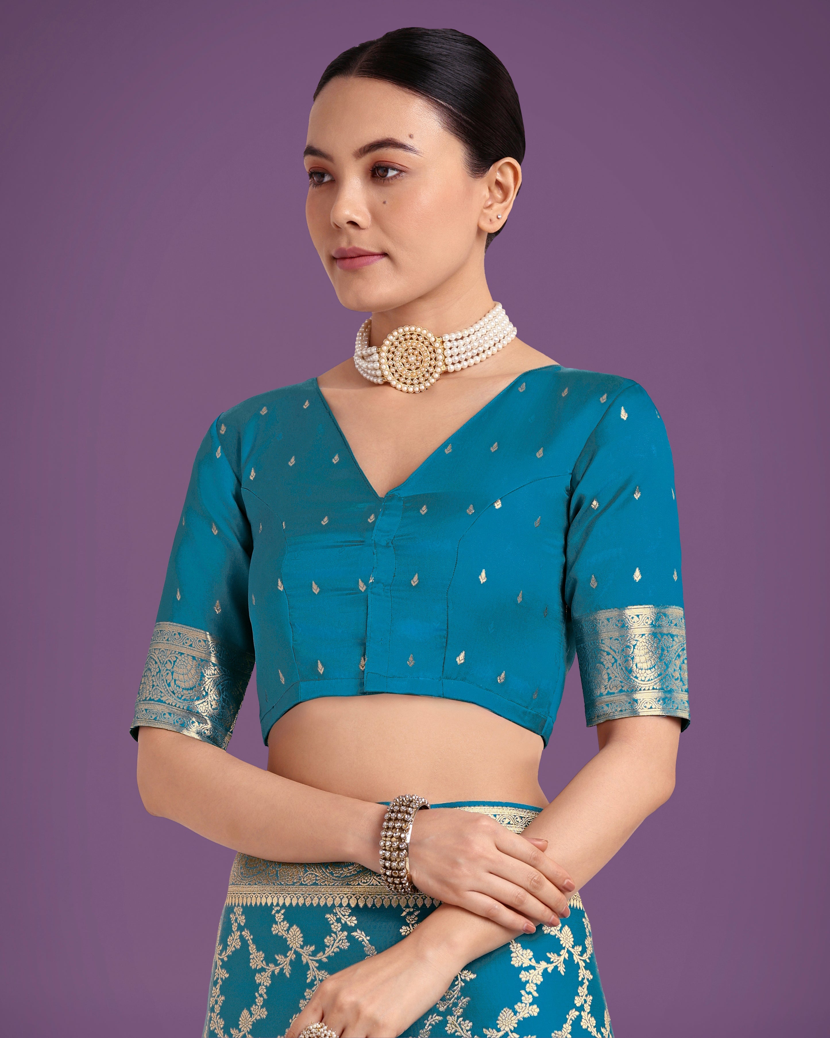 Cyan Blue Banarasi Satin Silk Saree with Golden Meenakari Work