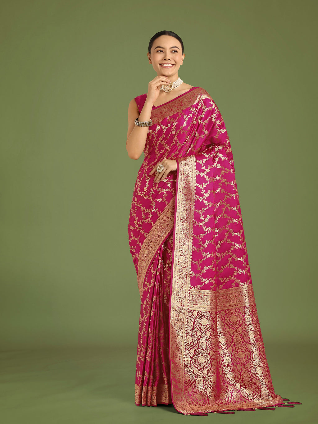 Rani pink Banarasi satin silk saree with golden Meenakari work