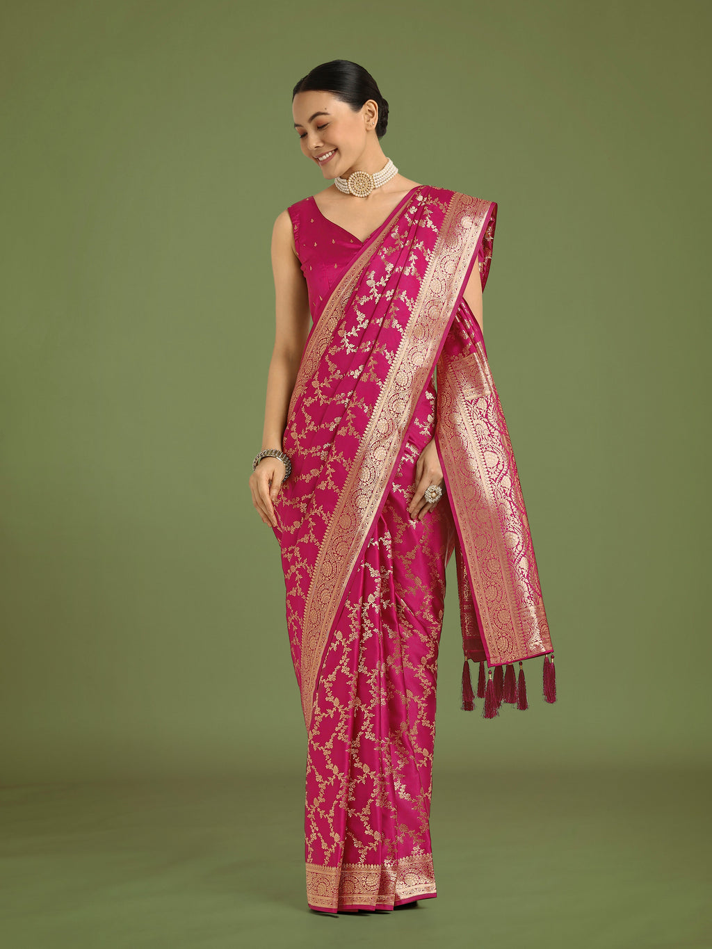 Rani Pink Banarasi Satin Silk Saree with Meenakari Work