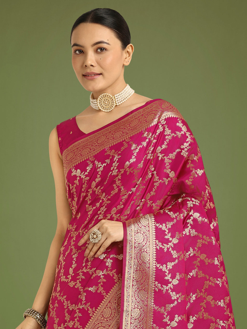 Rani Pink Banarasi Satin Silk Saree with Meenakari Work