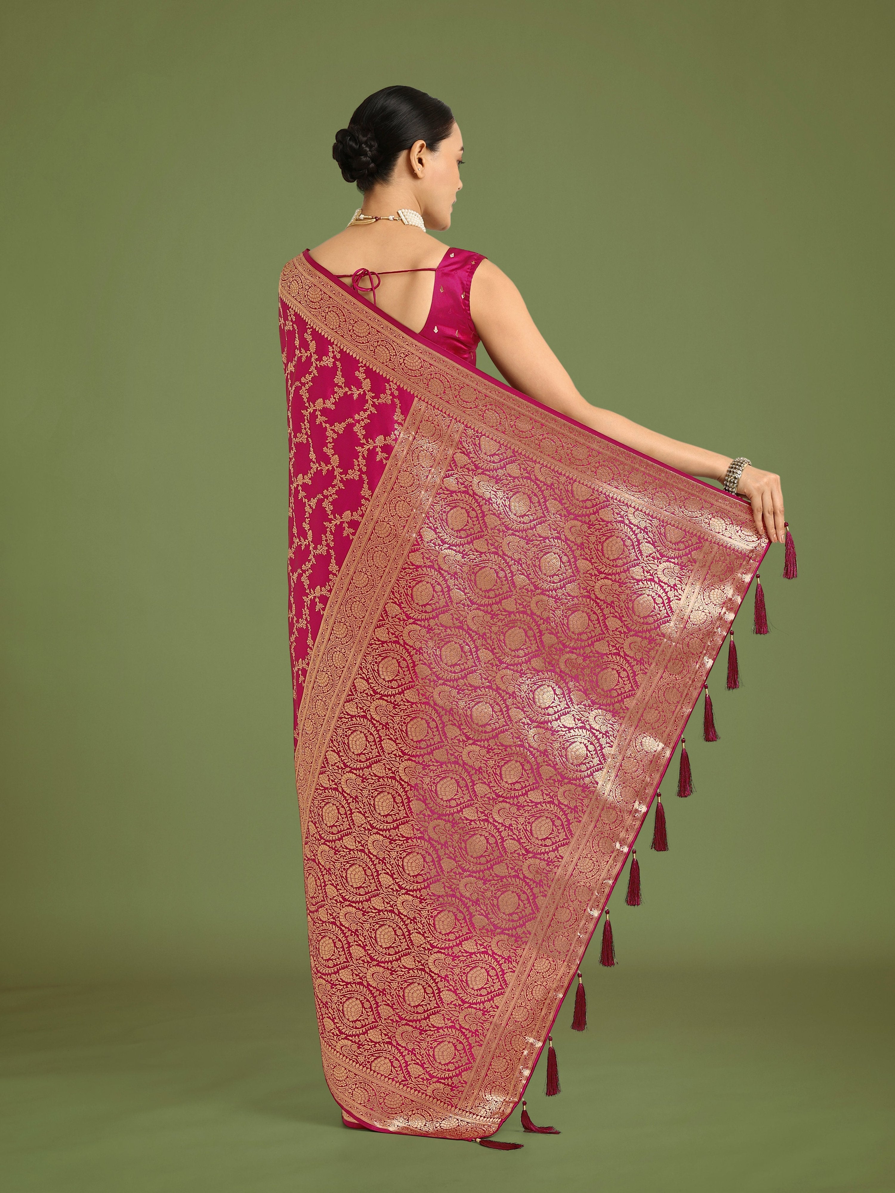 Rani Pink Banarasi Satin Silk Saree with Meenakari Work