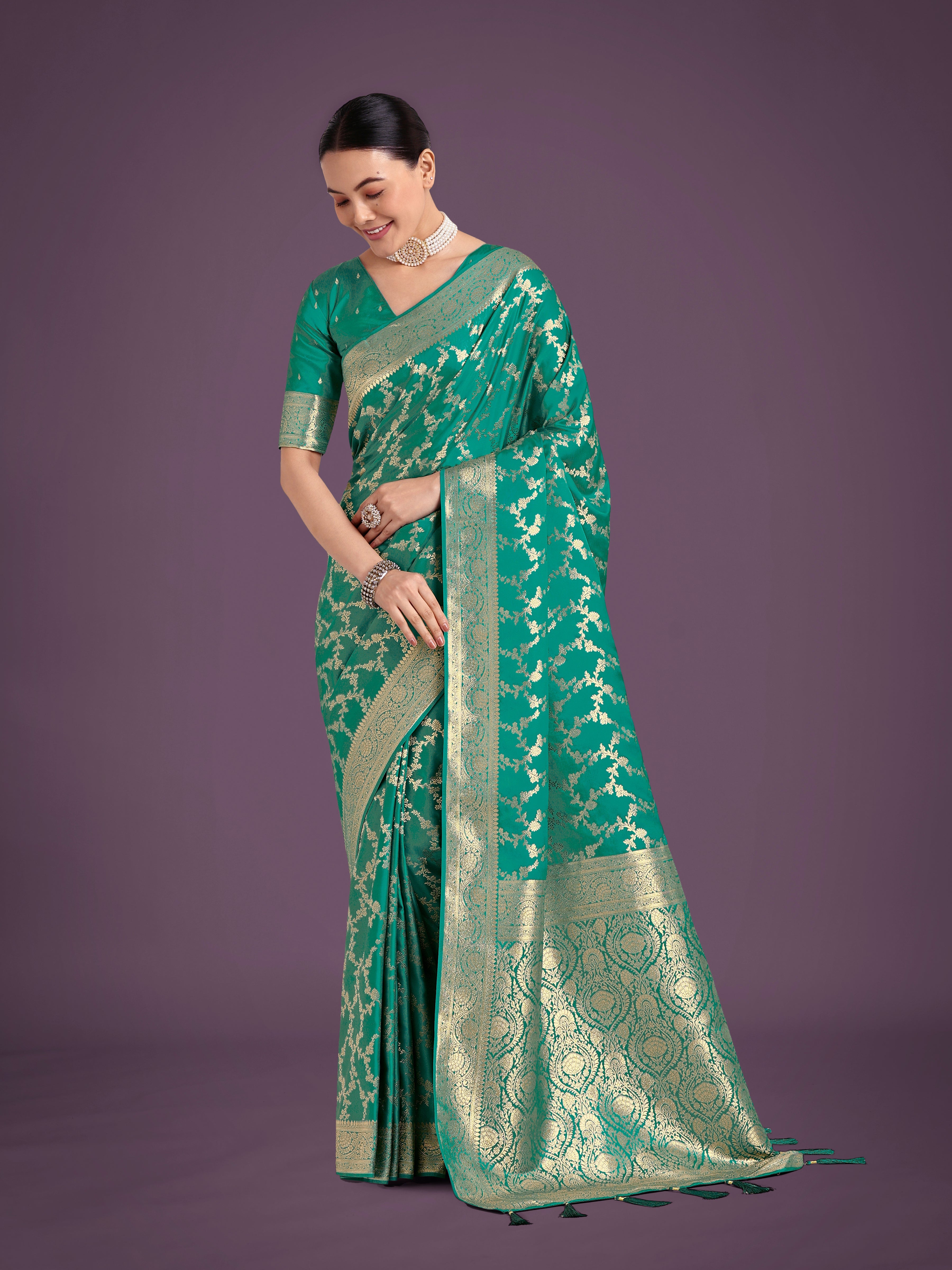 Turquoise Banarasi Satin Silk saree with intricate golden Meenakari embroidery