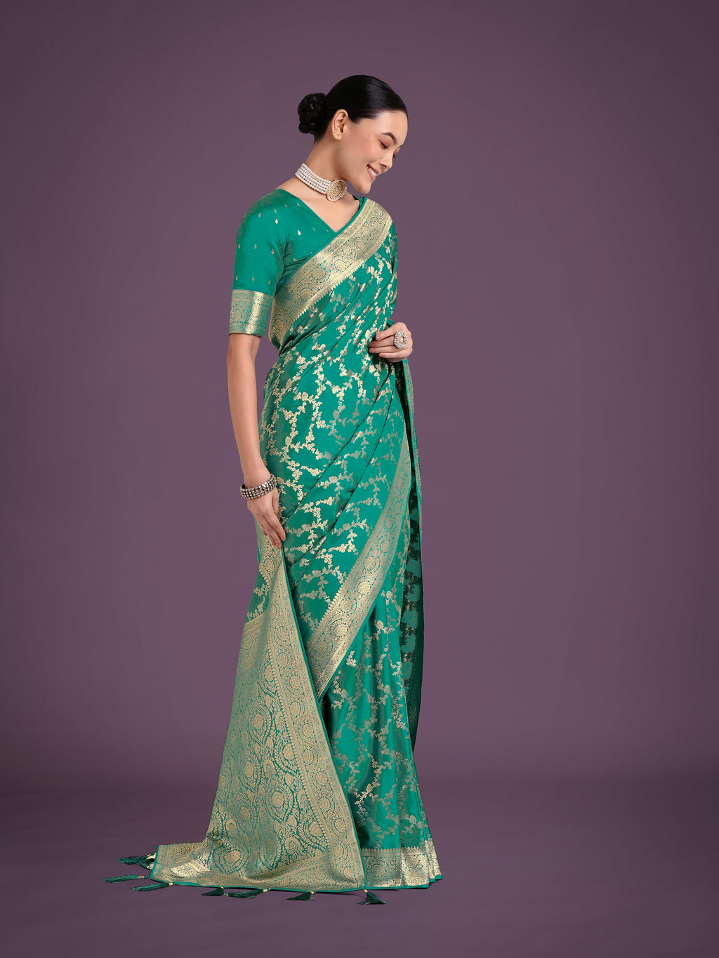 Turquoise Banarasi Satin Silk Saree with Golden Meenakari Work