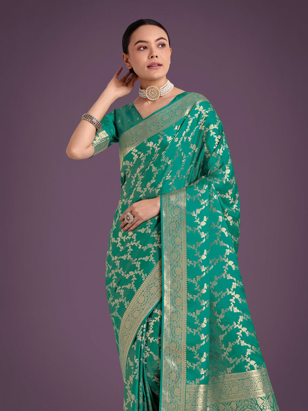 Turquoise Banarasi Satin Silk Saree with Golden Meenakari Work