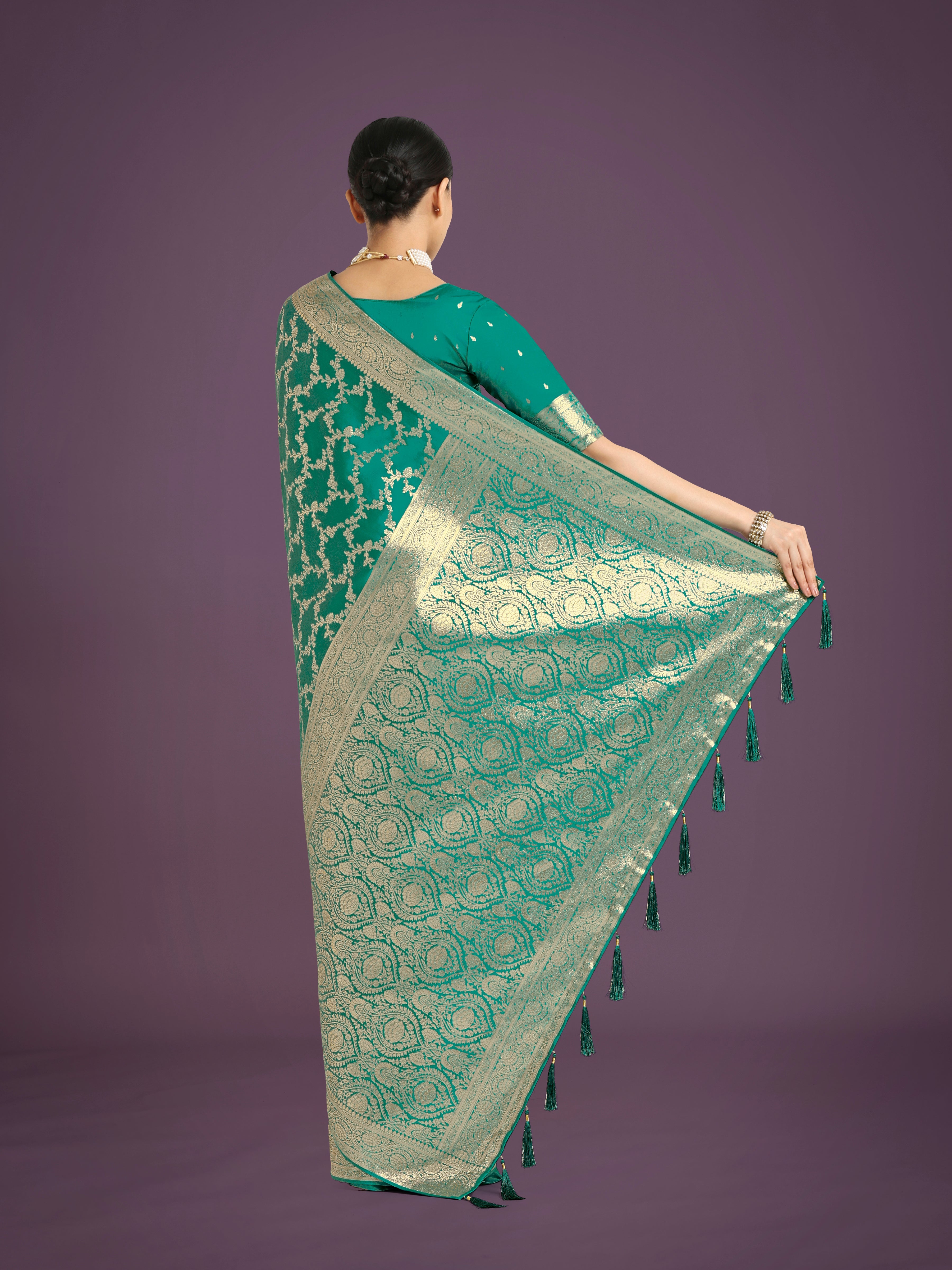Turquoise Banarasi Satin Silk Saree with Golden Meenakari Work