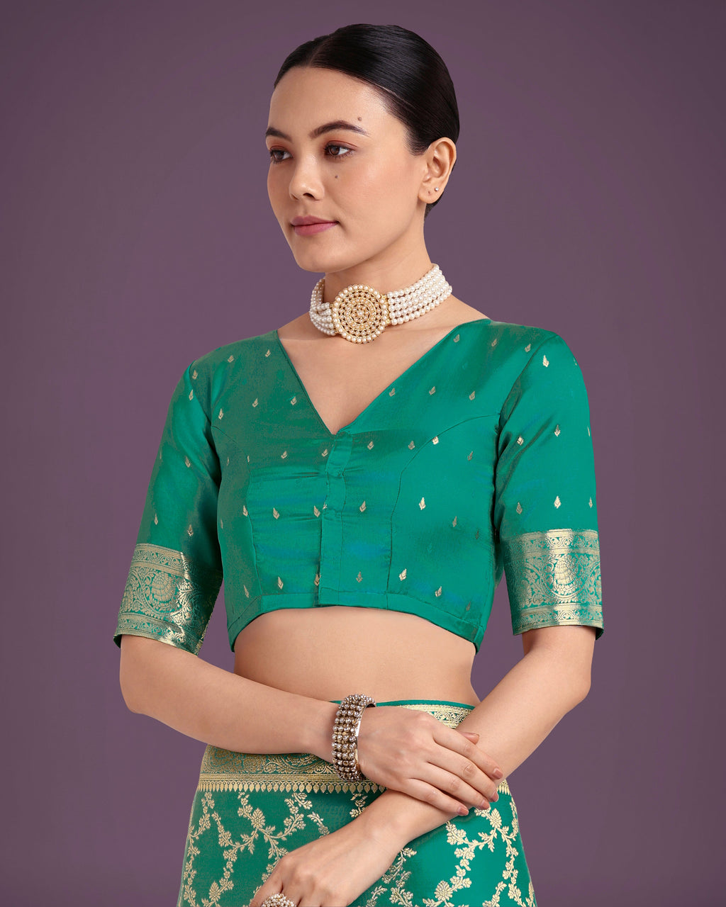 Turquoise Banarasi Satin Silk Saree with Golden Meenakari Work