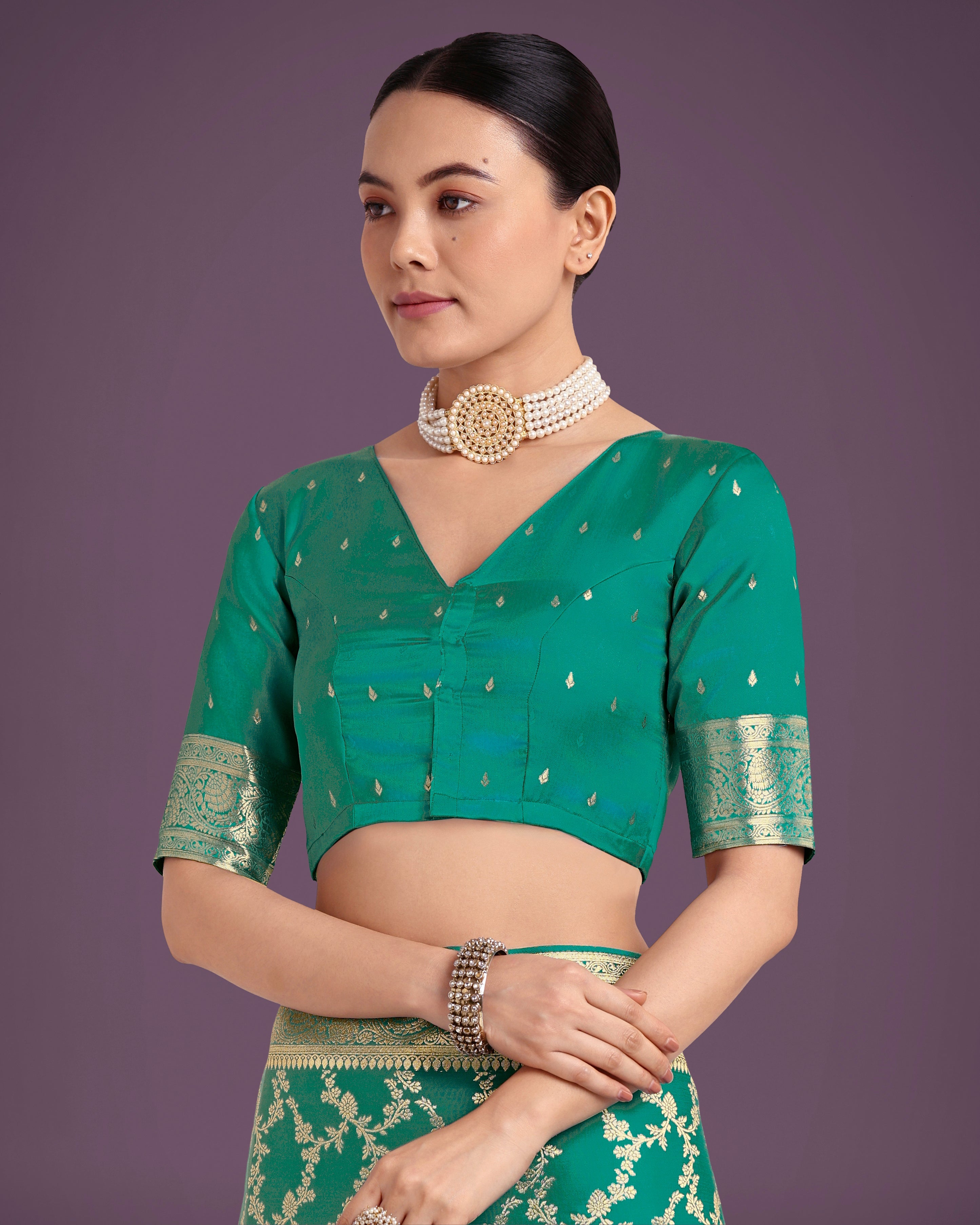 Turquoise Banarasi Satin Silk Saree with Golden Meenakari Work