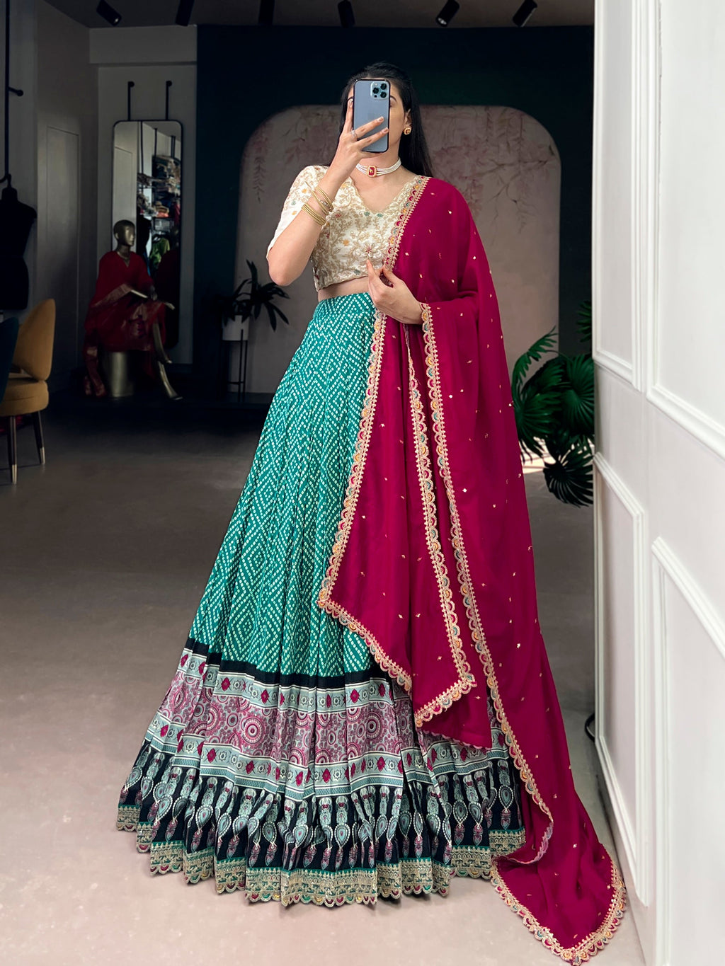 Bottlegreen Rayon Lehenga Choli with Bandhej and Ajarakh