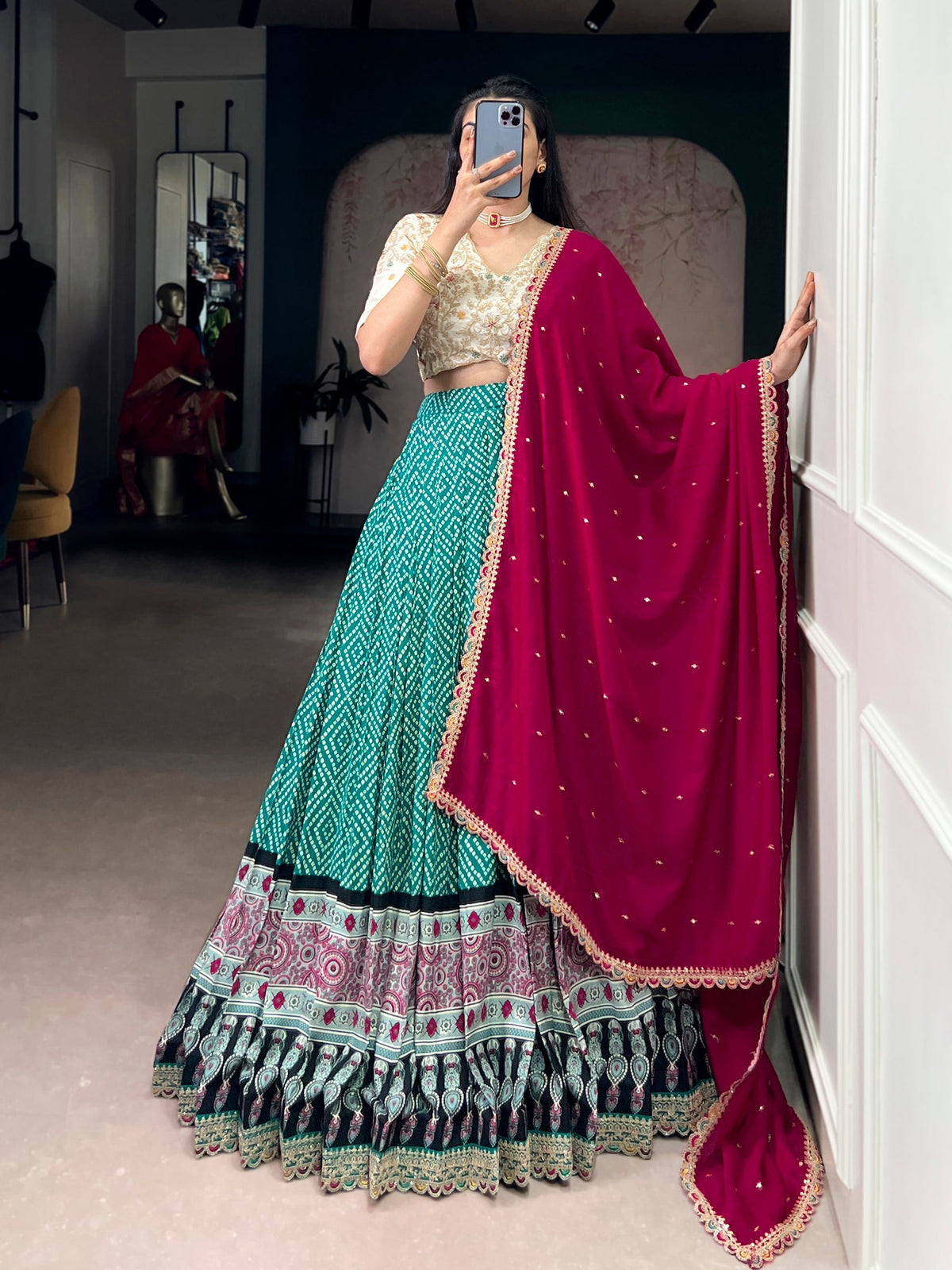Bottlegreen Rayon Lehenga Choli with Bandhej and Ajarakh