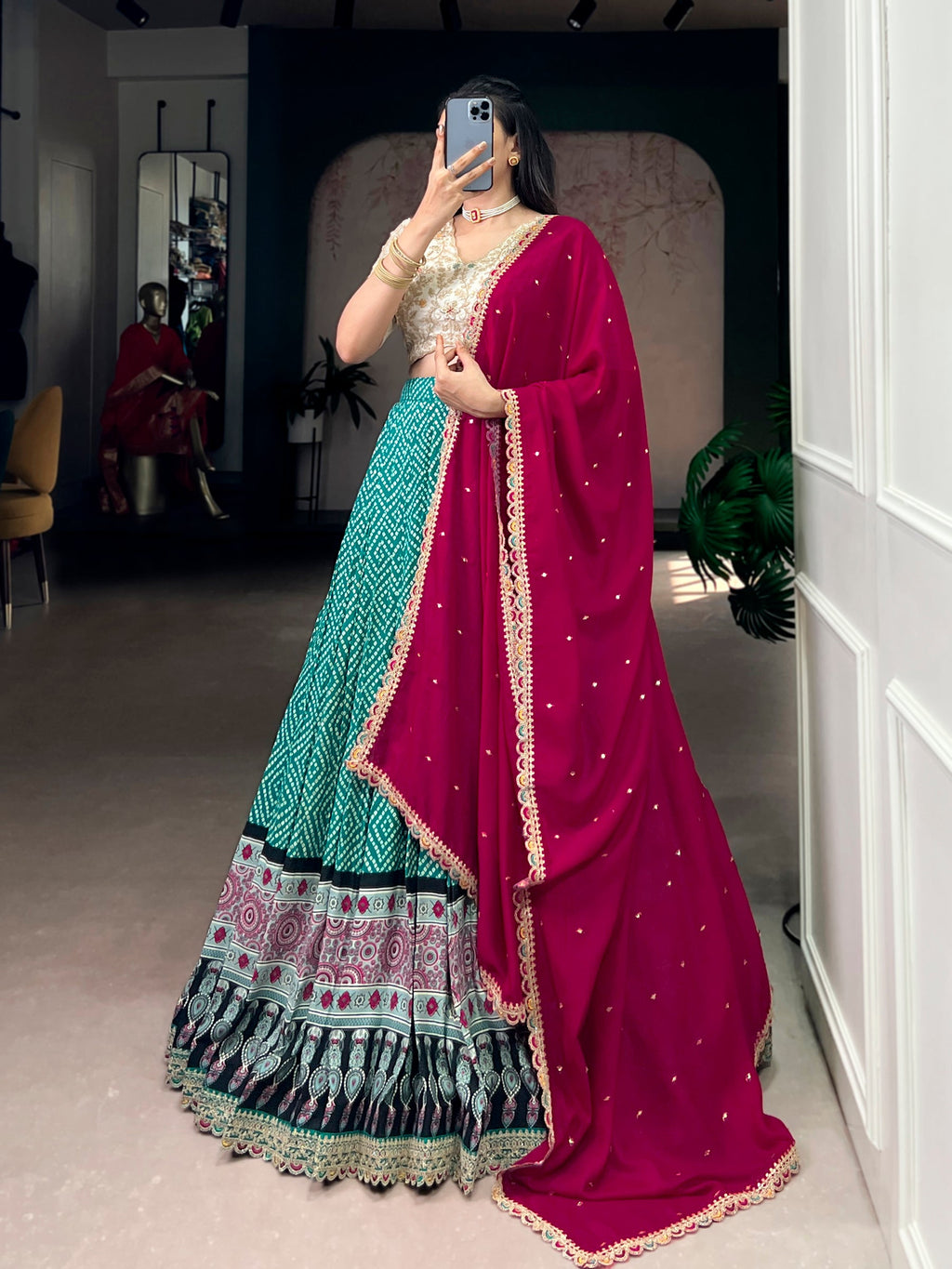 Bottlegreen Rayon Lehenga Choli with Bandhej and Ajarakh