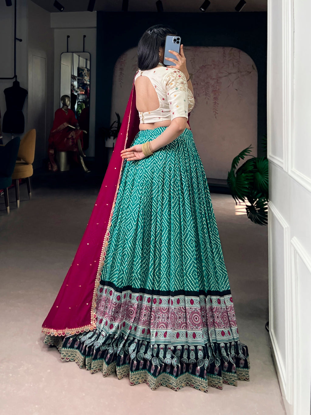 Bottlegreen Rayon Lehenga Choli with Bandhej and Ajarakh
