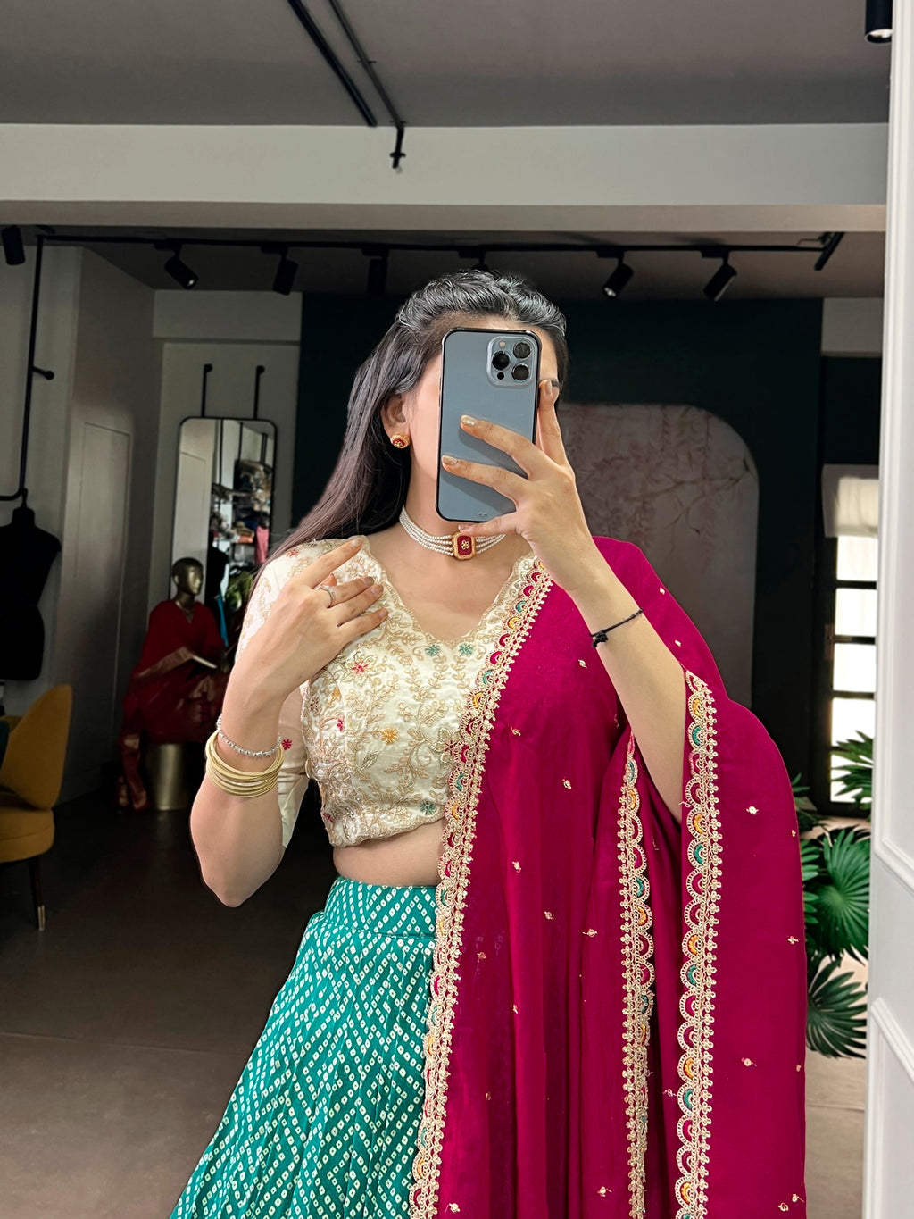 Bottlegreen Rayon Lehenga Choli with Bandhej and Ajarakh