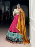 Pink Rayon lehenga choli with Bandhej and Ajrakh print, sequins, and thread embroidery