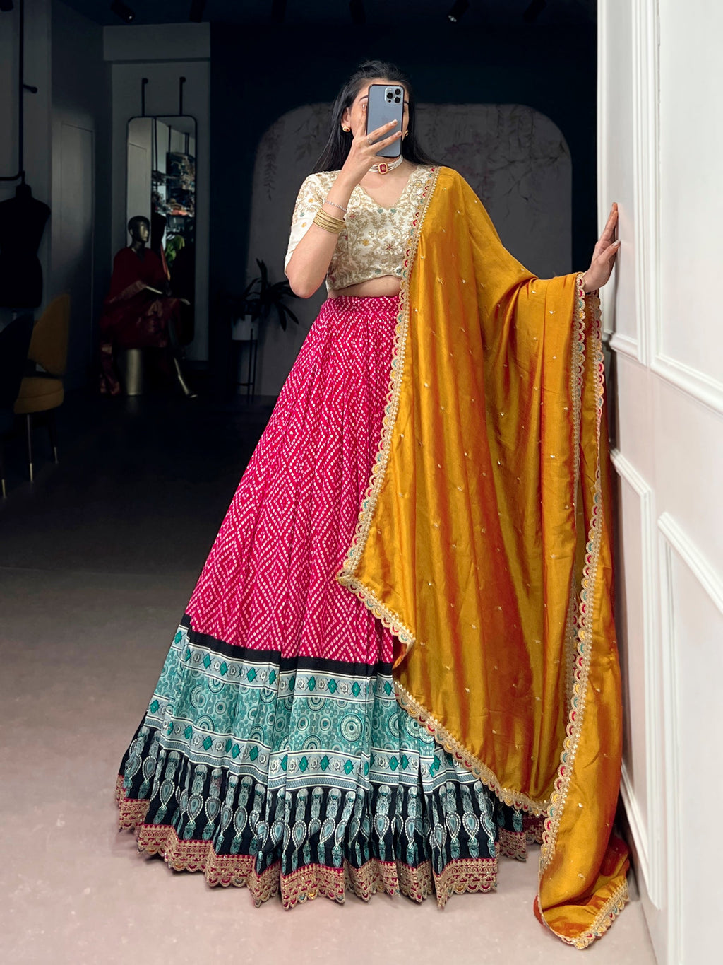 Pink Rayon Bandhej and Ajrakh Print Lehenga Choli with Sequins