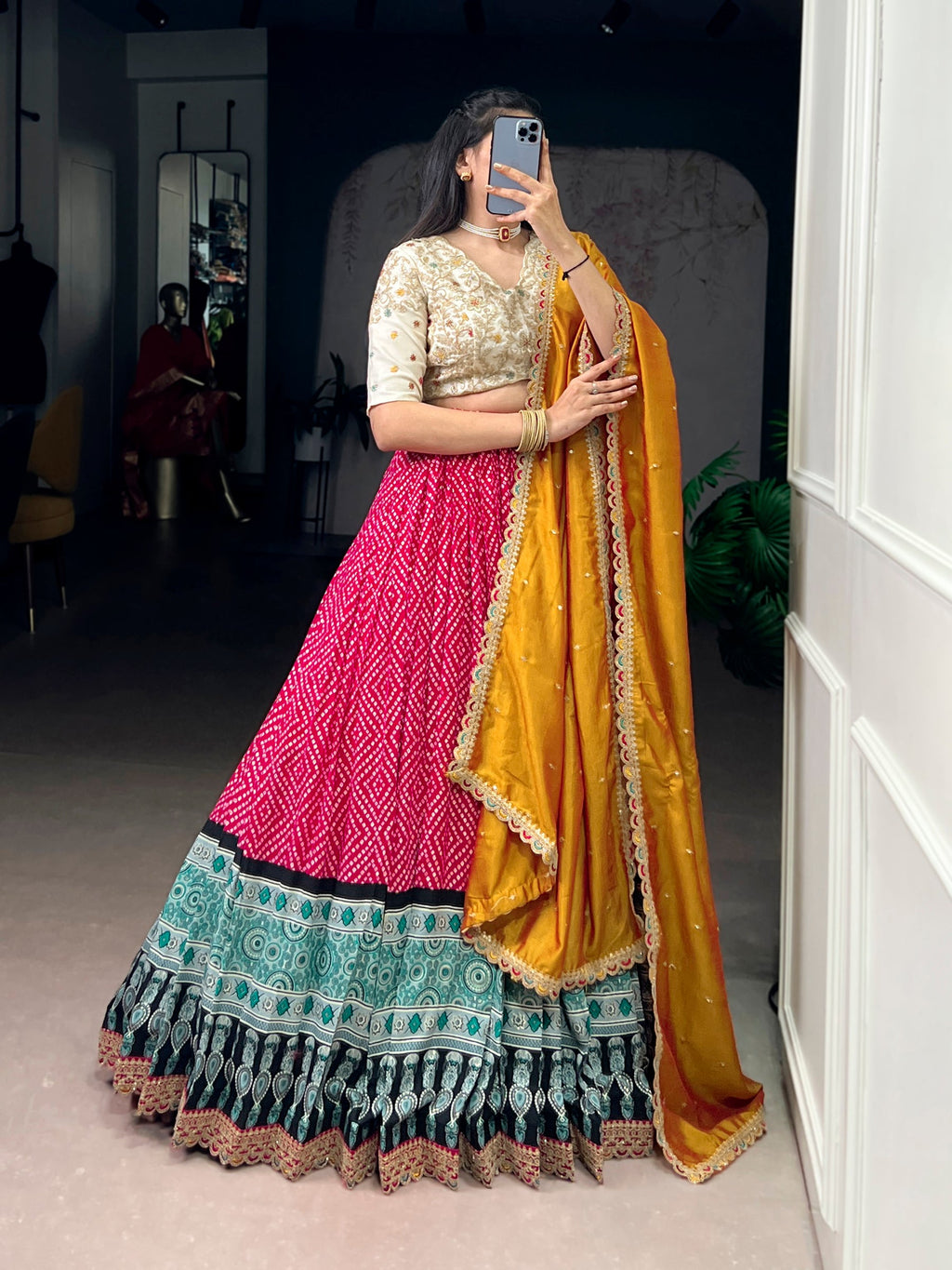 Pink Rayon Bandhej and Ajrakh Print Lehenga Choli with Sequins