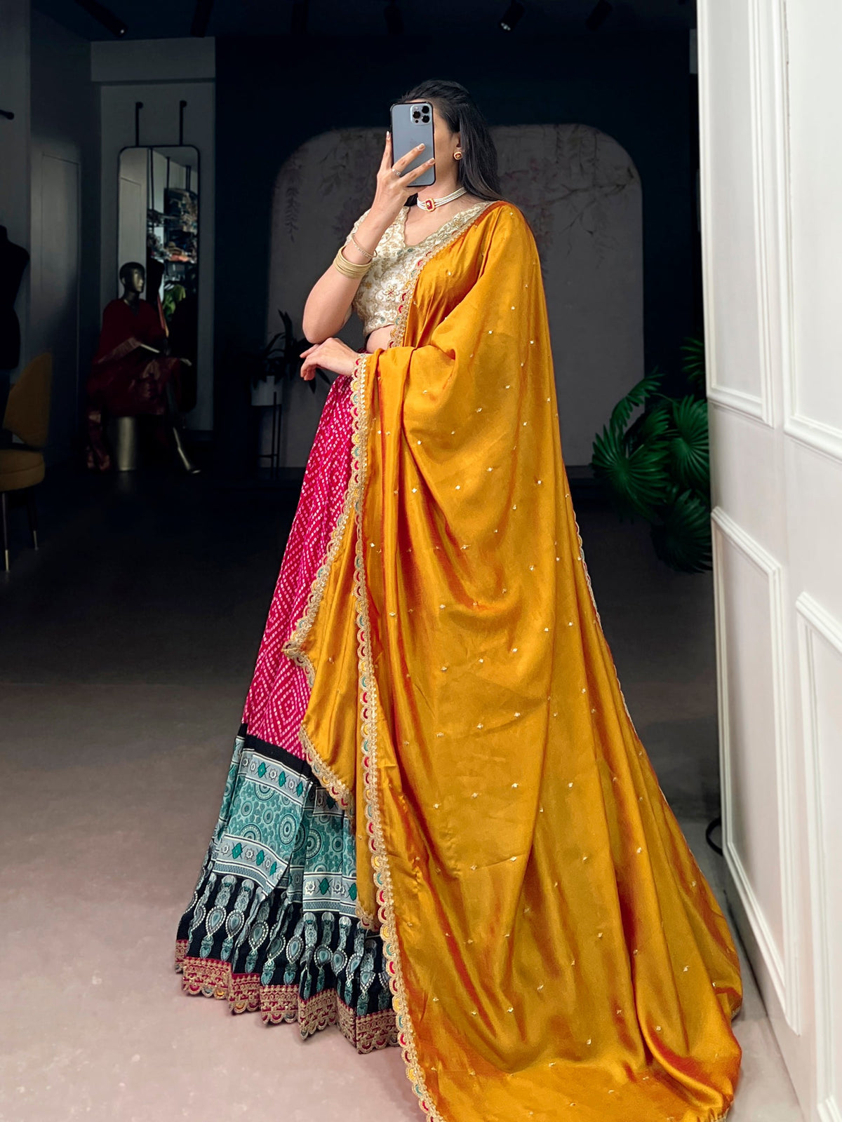 Pink Rayon Bandhej and Ajrakh Print Lehenga Choli with Sequins