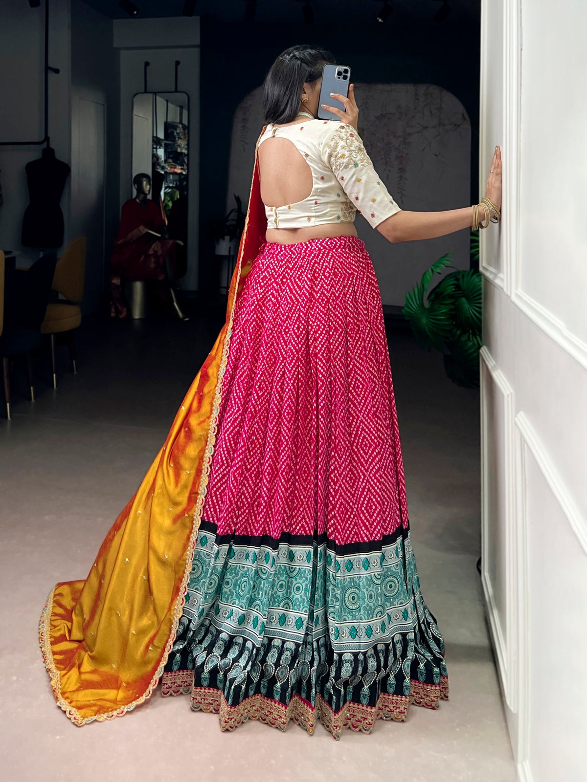 Pink Rayon Bandhej and Ajrakh Print Lehenga Choli with Sequins