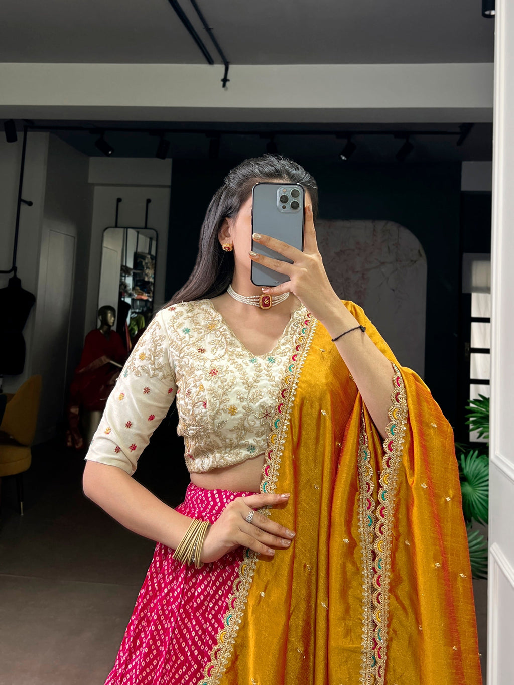 Pink Rayon Bandhej and Ajrakh Print Lehenga Choli with Sequins