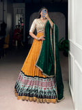 Yellow rayon lehenga choli with Bandhej and Ajrakh print and sequin embroidery