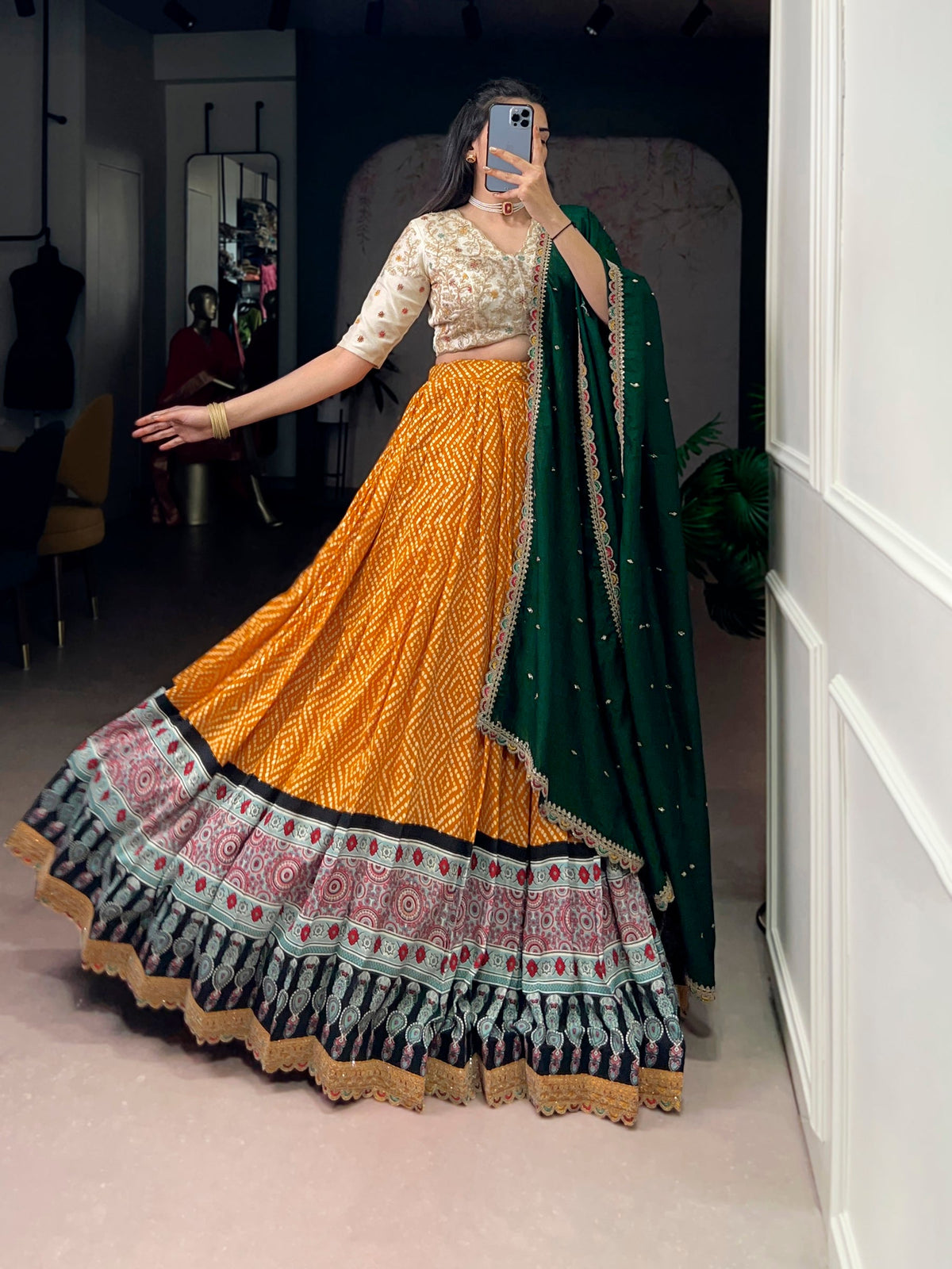 Yellow Rayon Bandhej and Ajrakh Print Lehenga Choli Set