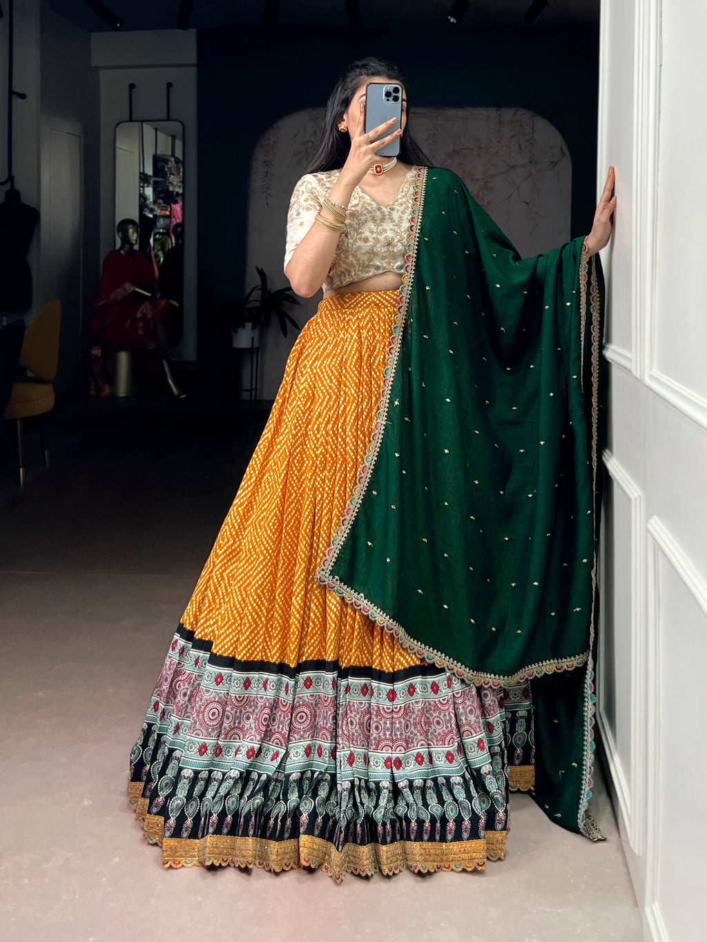 Yellow Rayon Bandhej and Ajrakh Print Lehenga Choli Set