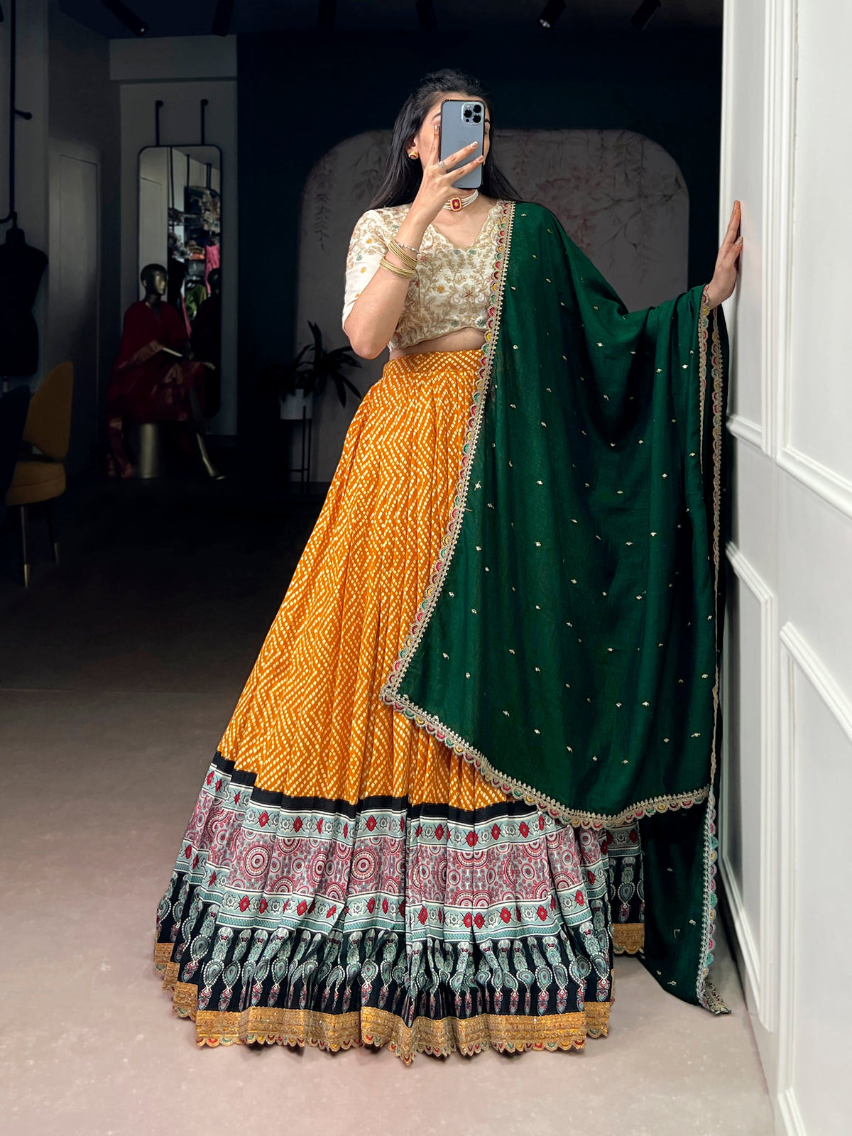 Yellow Rayon Bandhej and Ajrakh Print Lehenga Choli Set