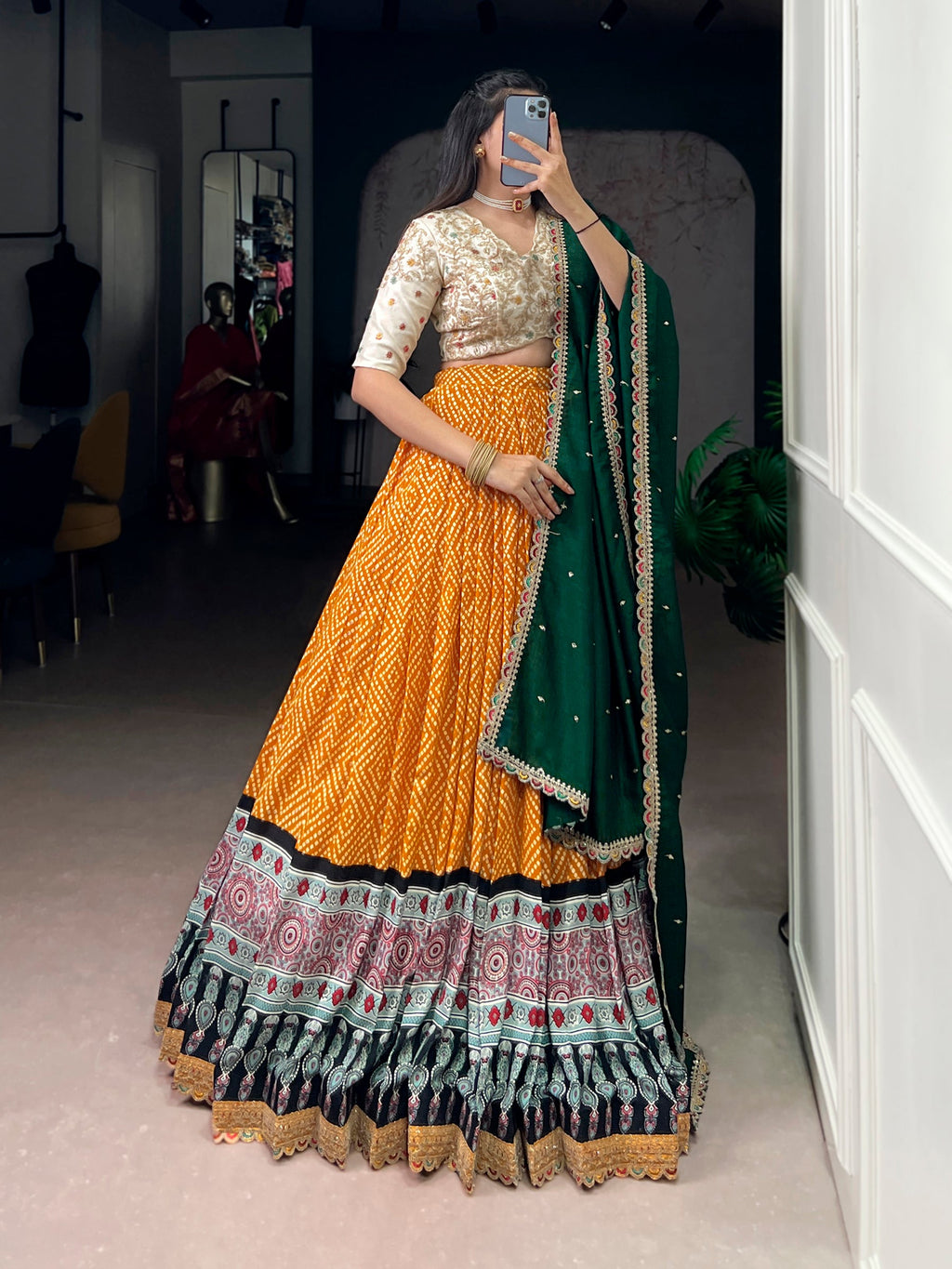 Yellow Rayon Bandhej and Ajrakh Print Lehenga Choli Set