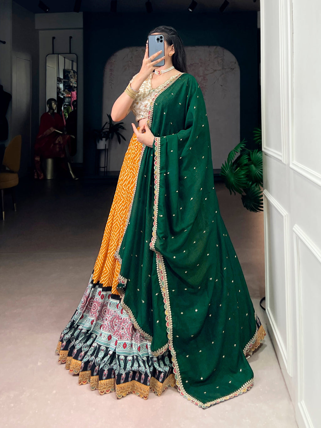 Yellow Rayon Bandhej and Ajrakh Print Lehenga Choli Set