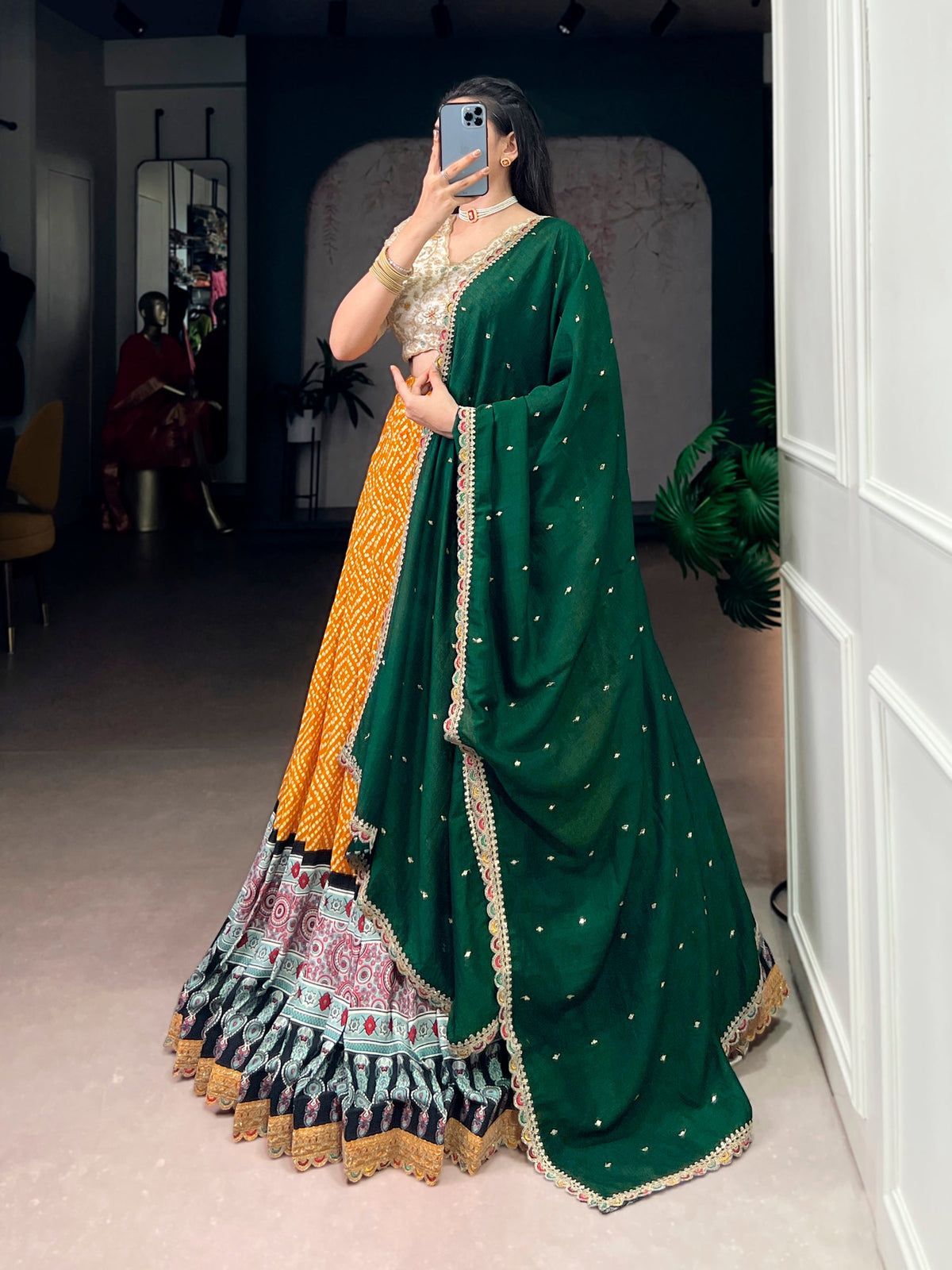 Yellow Rayon Bandhej and Ajrakh Print Lehenga Choli Set