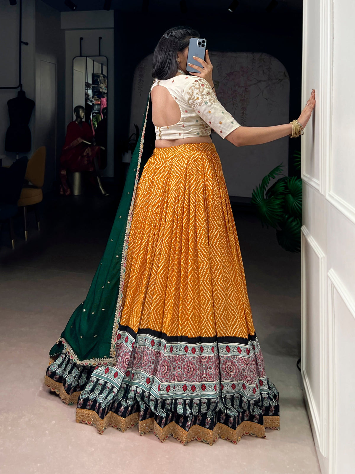 Yellow Rayon Bandhej and Ajrakh Print Lehenga Choli Set