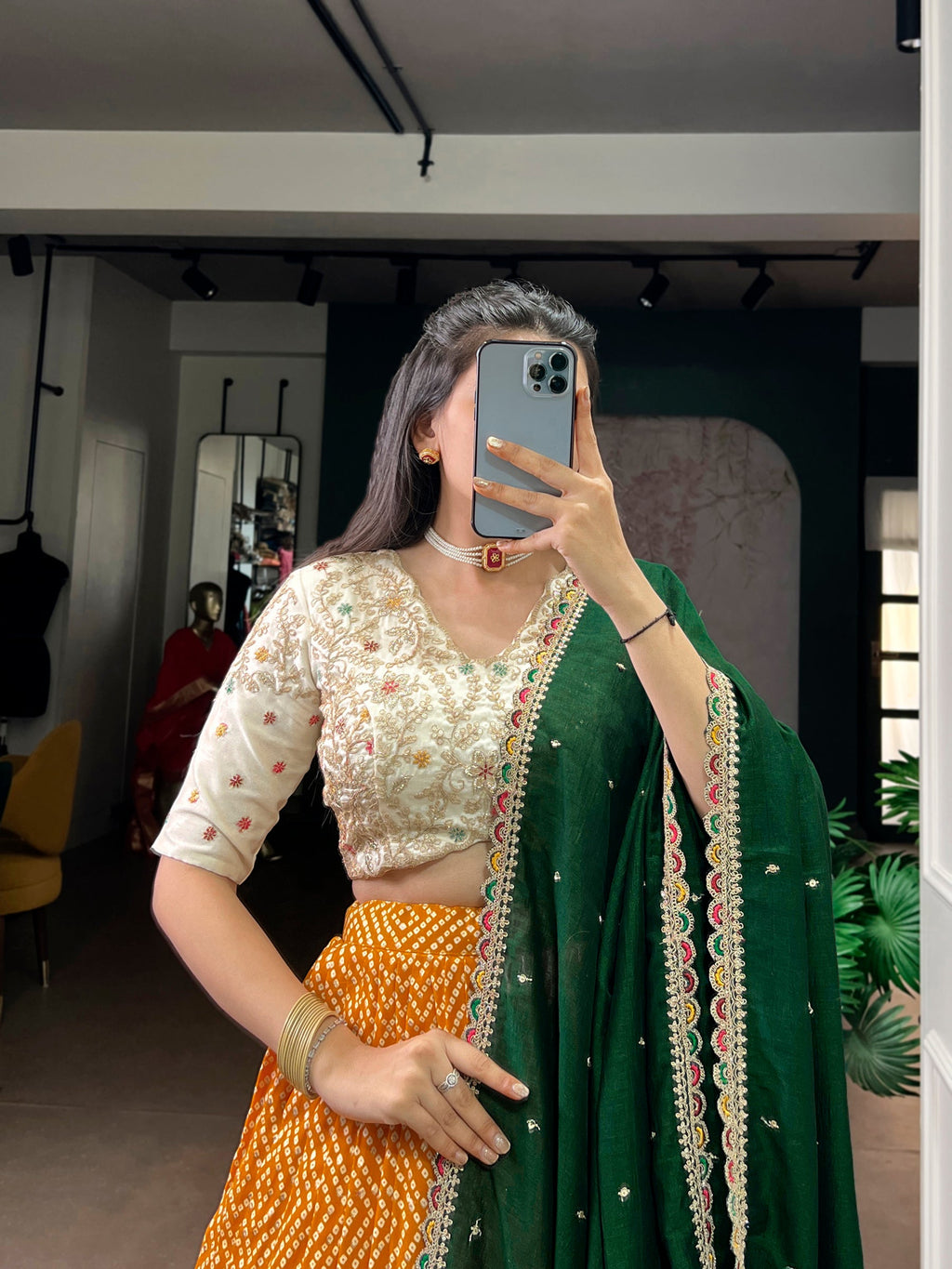 Yellow Rayon Bandhej and Ajrakh Print Lehenga Choli Set