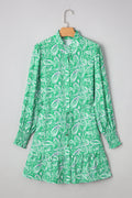 Paisley Button-Front Tied Waist Mini Dress