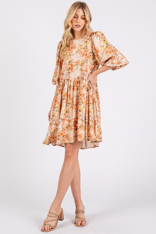 Floral Linen Blend Babydoll Mini Dress in Beige and Orange
