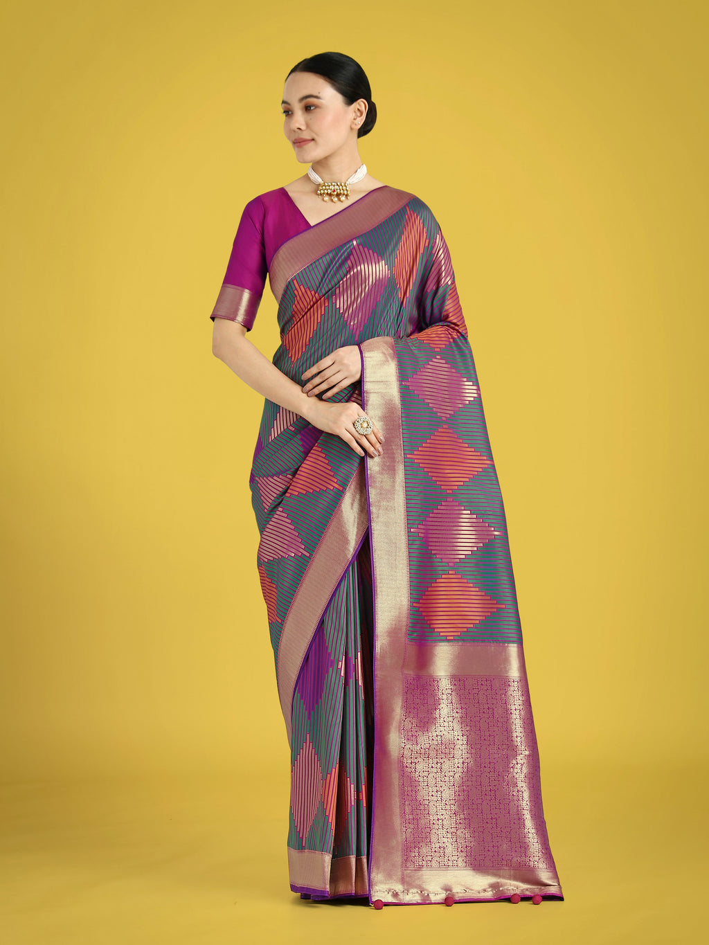 Multi-colored Banarasi Silk Saree featuring intricate Zari woven details and a classic border.