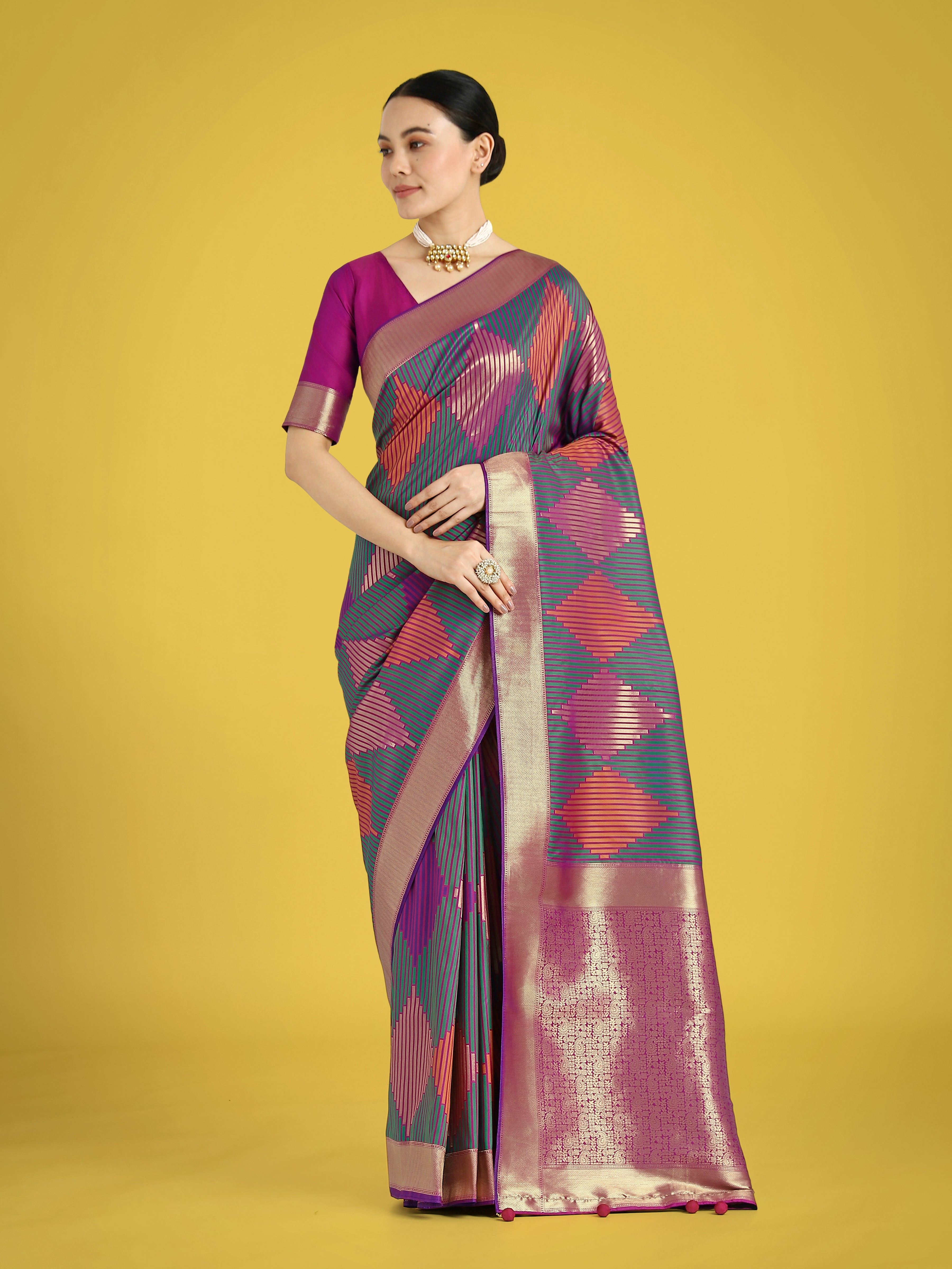 Multi-colored Banarasi Silk Saree featuring intricate Zari woven details and a classic border.