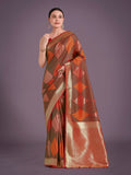 Red Banarasi silk saree with ornate gold zari weaving