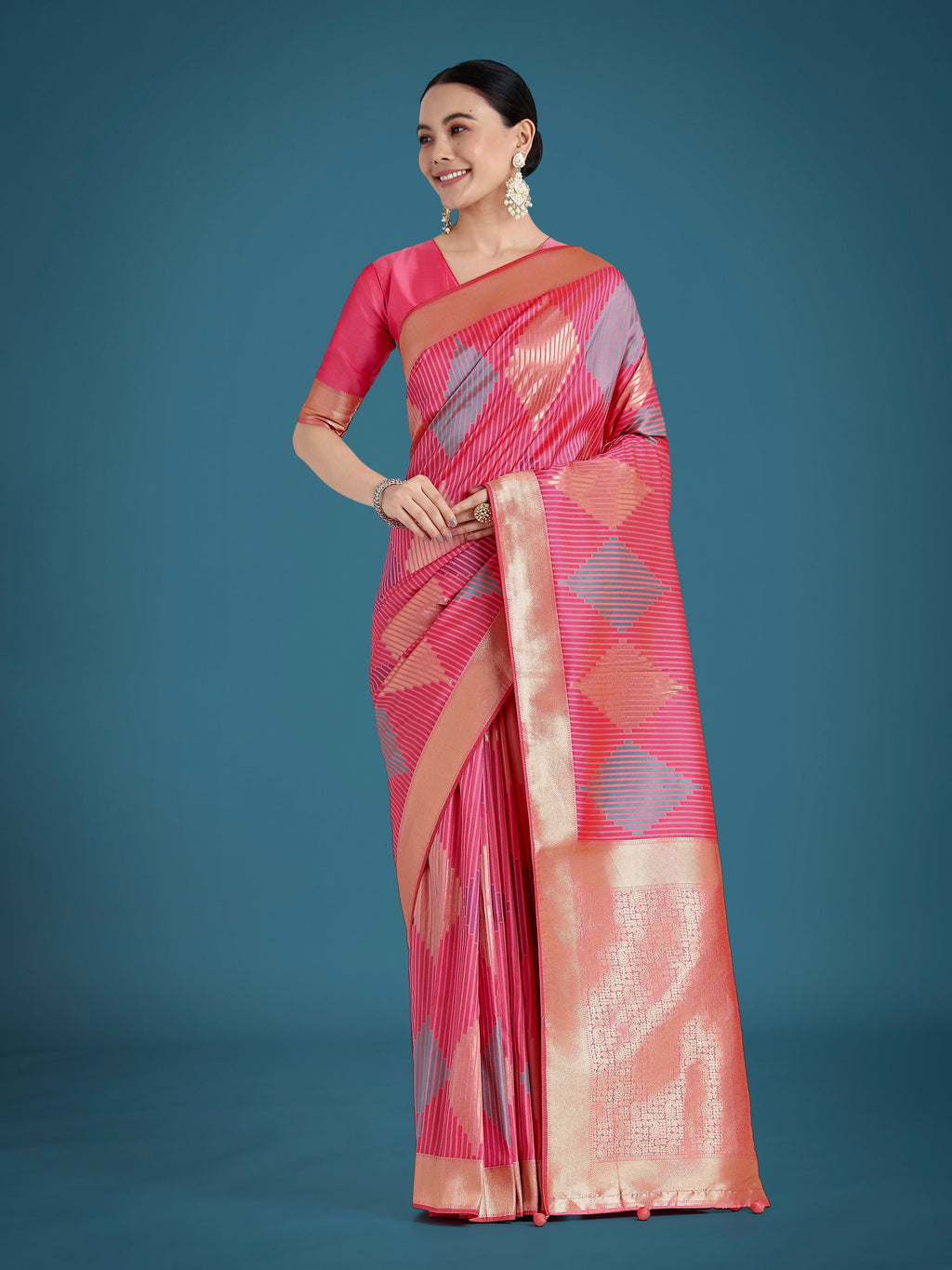 Light pink Banarasi silk saree with traditional zari weaving