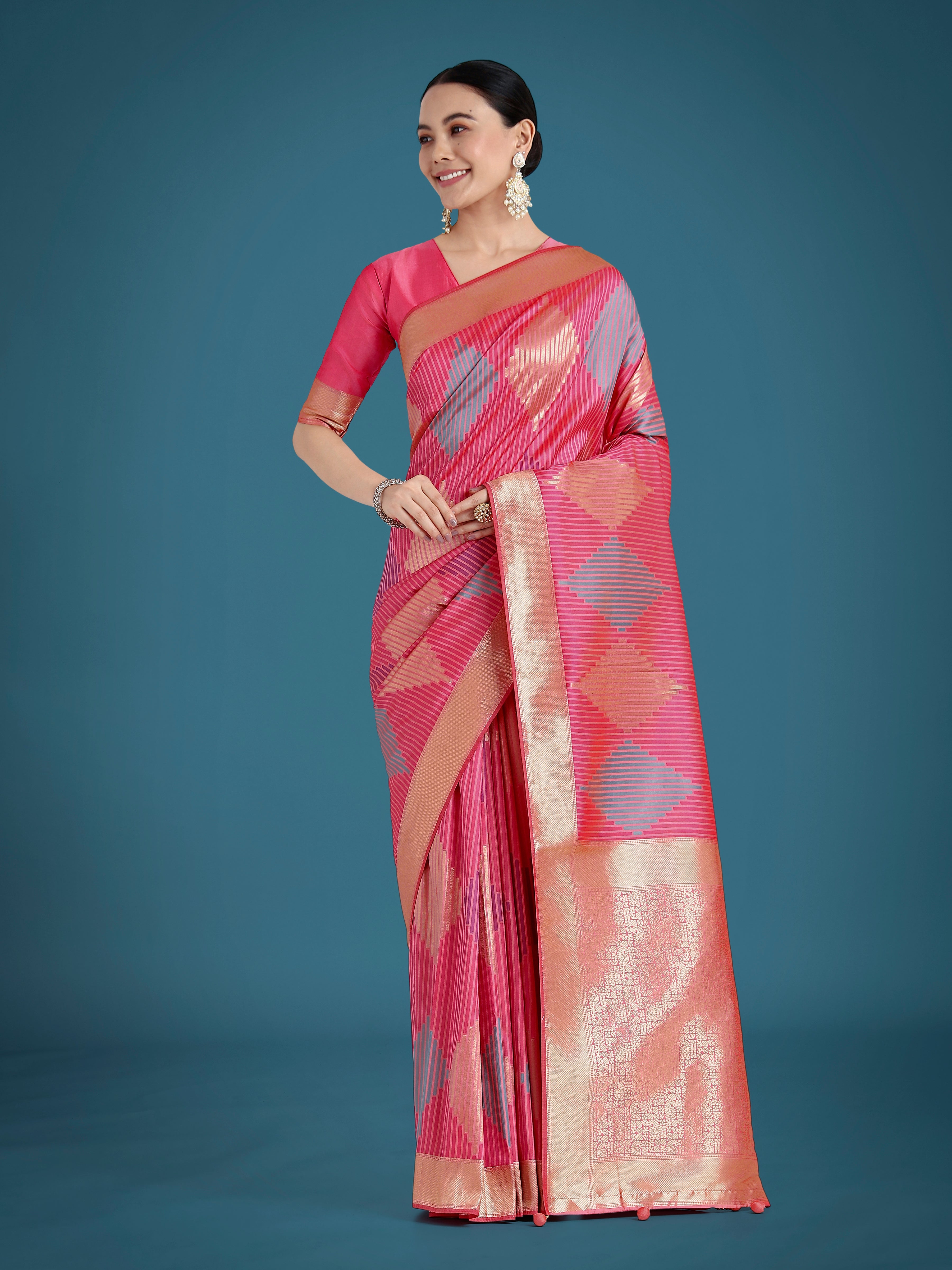 Light pink Banarasi silk saree with traditional zari weaving