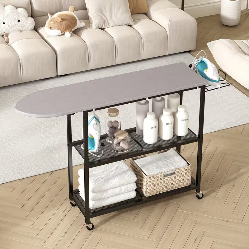 3-Layer Ironing Board Cart with Shelves and Rolling Wheels