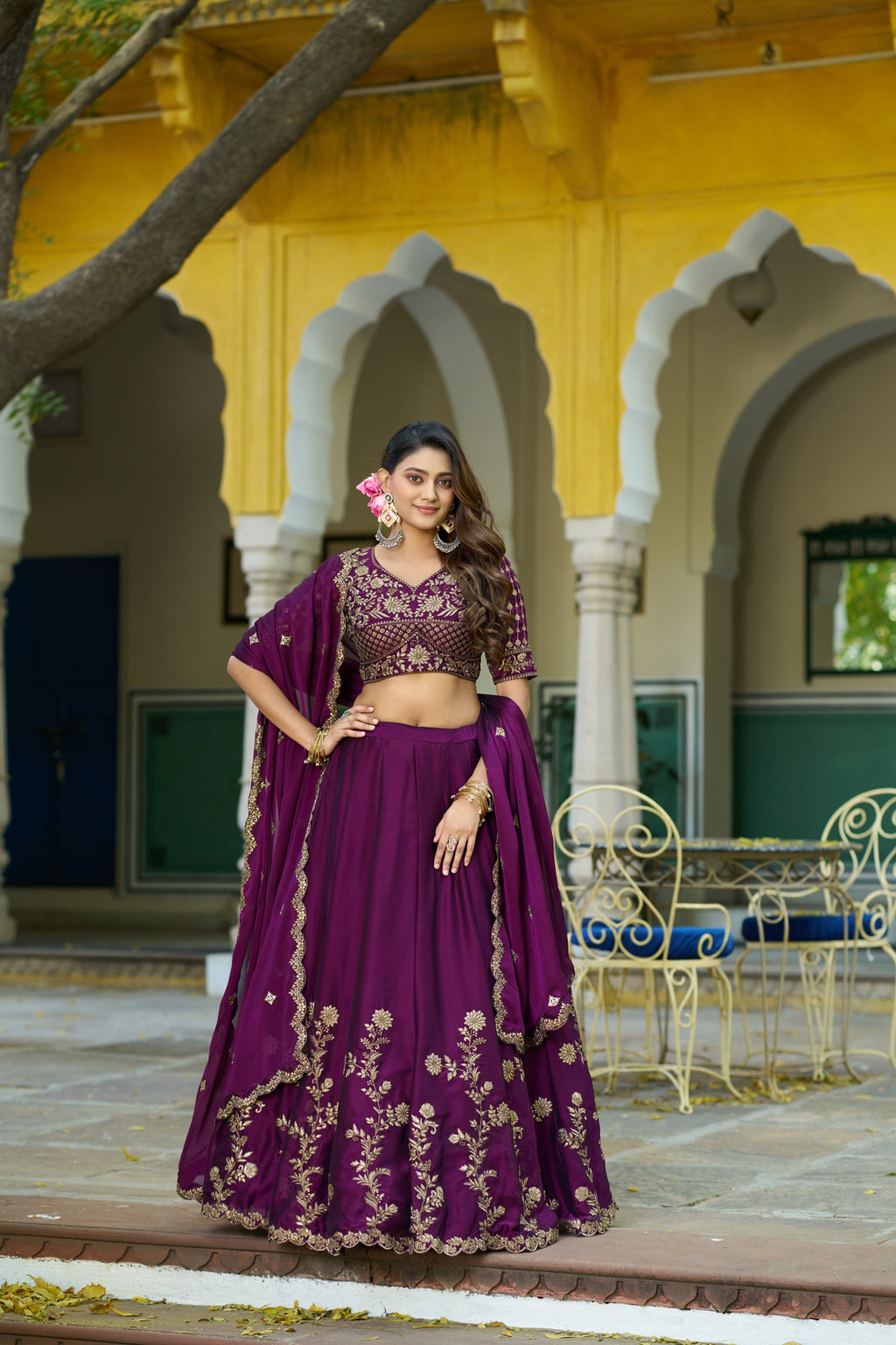Stitched wine Rangoli silk lehenga choli featuring intricate thread embroidery and sequin embellishments
