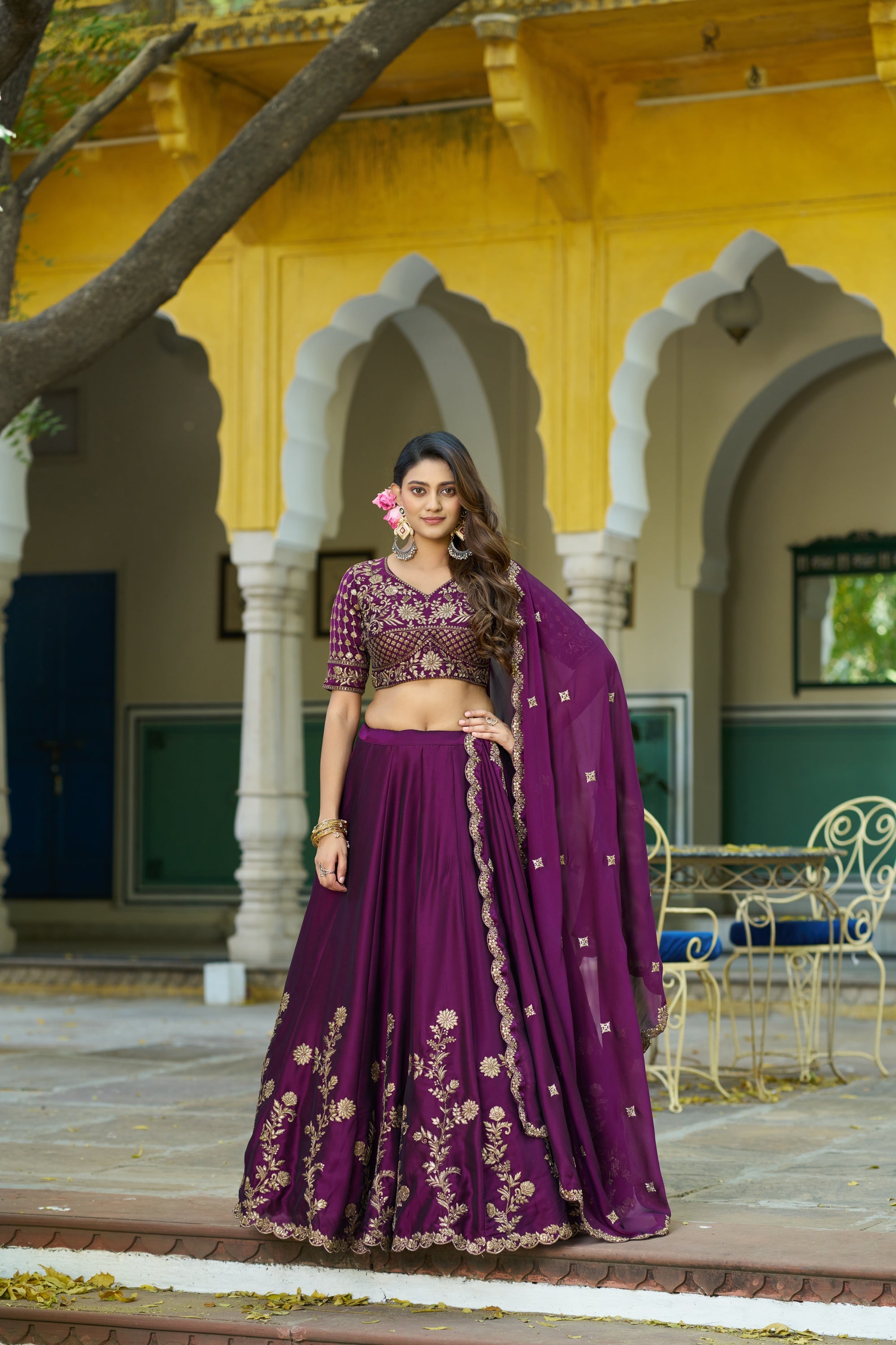 Wine Rangoli Silk Lehenga Choli with Sequins and Embroidery